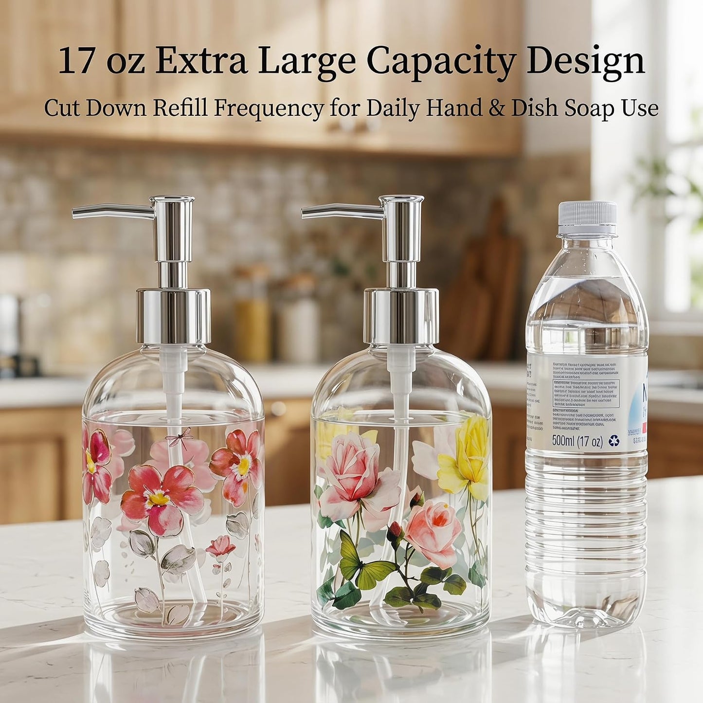 Topadorn 2 Pack Hand and Dish Soap Dispenser Set, Coordinated Floral | 17oz Glass Soap Dispensers with Pump, Refillable