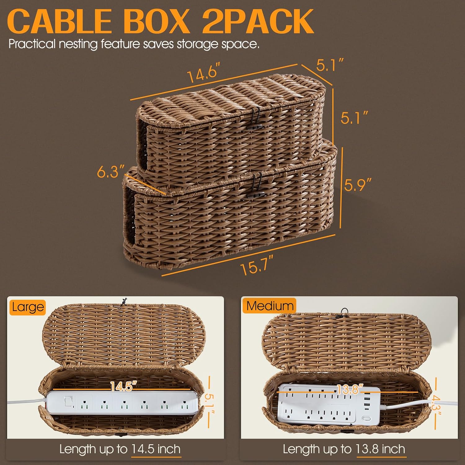 Handwoven Large and Small Cable Organizer Box Cover to Hide Cords and Power / Brown / L+M / Set of 2