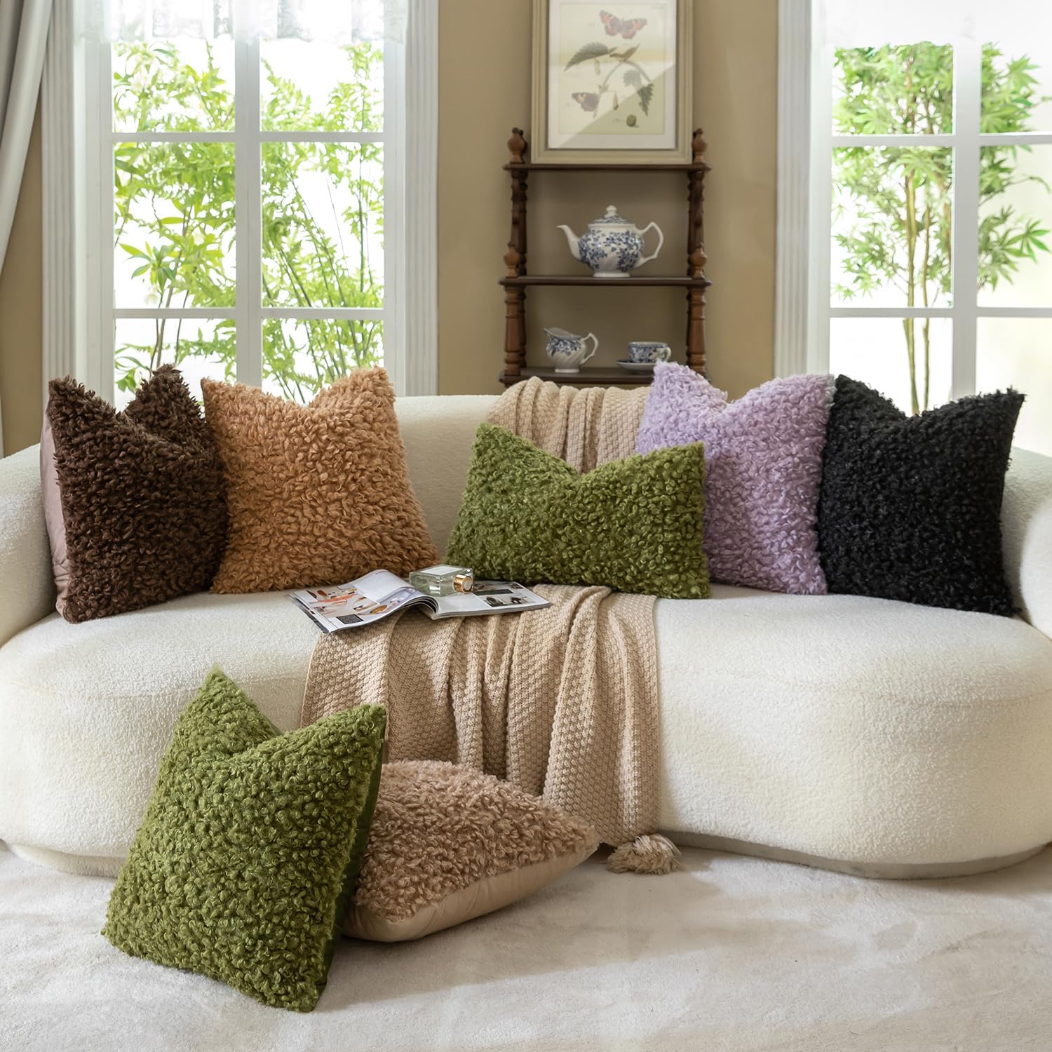 Faux Fur Throw Pillow Covers Boucle Decorative Sherpa Pillow / Light Purple / 18 x 18 / Set of 2