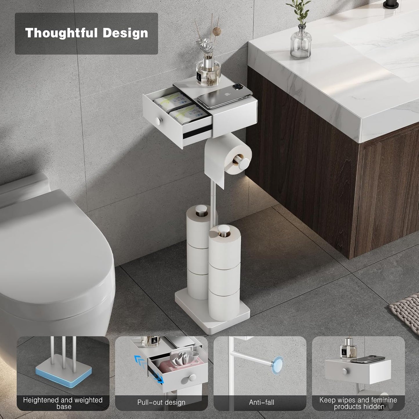 VOLDRA Toilet Paper Holder Stand with Shelf, Free Standing Toilet Paper Roll Holder with Wipes Storage Drawer Heavy