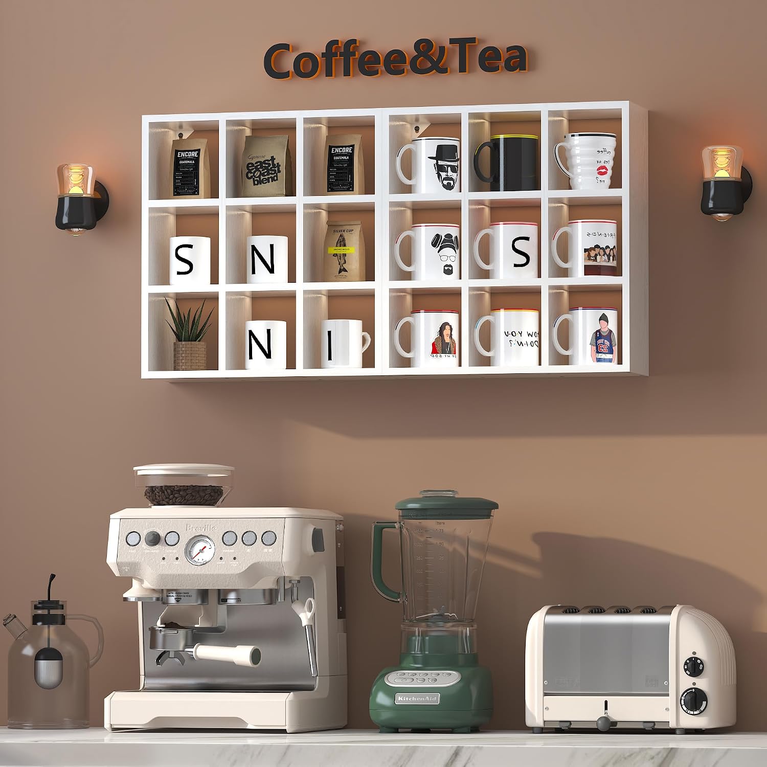 Helsin 9 Grid Vintage Coffee Mug Display Rack, 16inch Wall Mounted Wooden Curio Shadow Box Shelf, Cup Floating Shelves