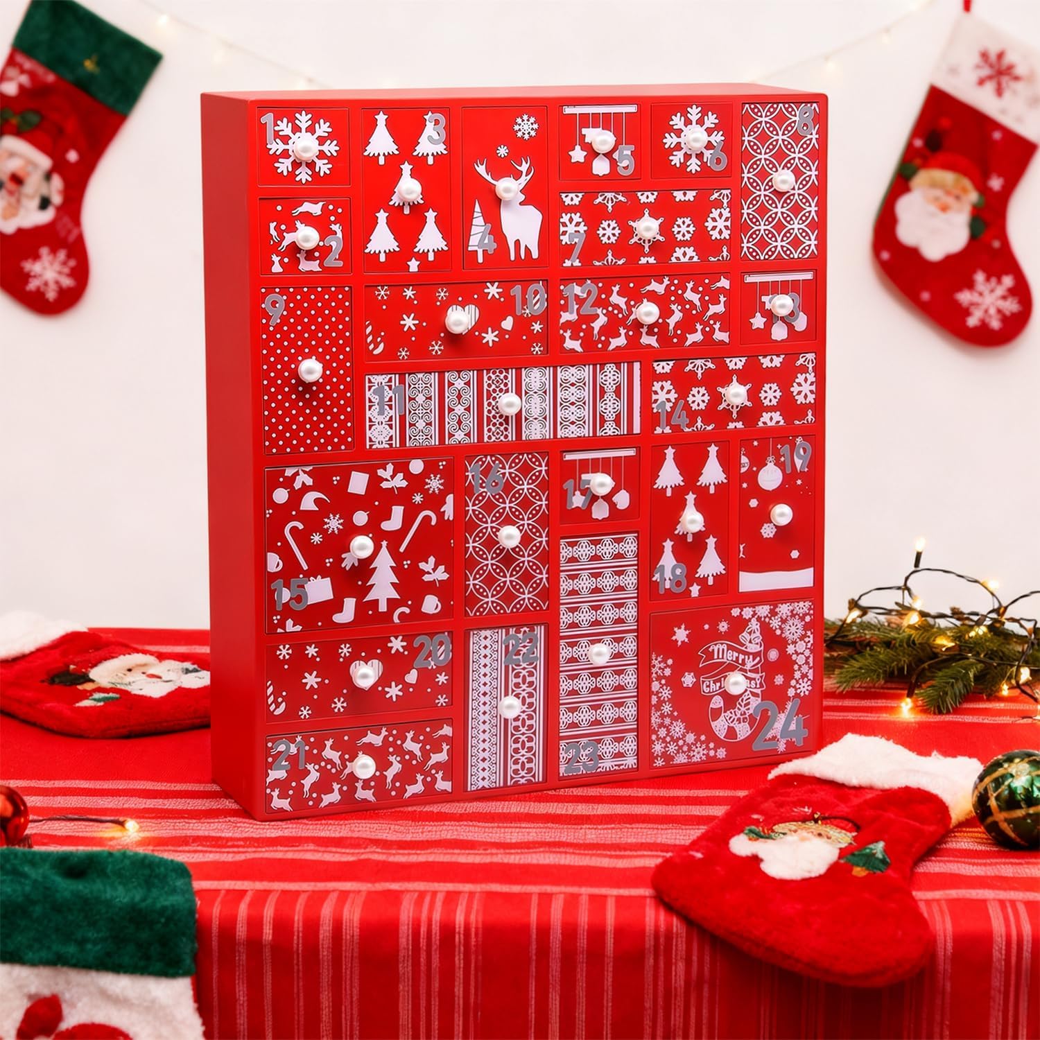 Juegoal Red Advent Calendar with 24 Drawers Countdown to Christmas, Refillable Wooden Advent, 15 Inches Tall