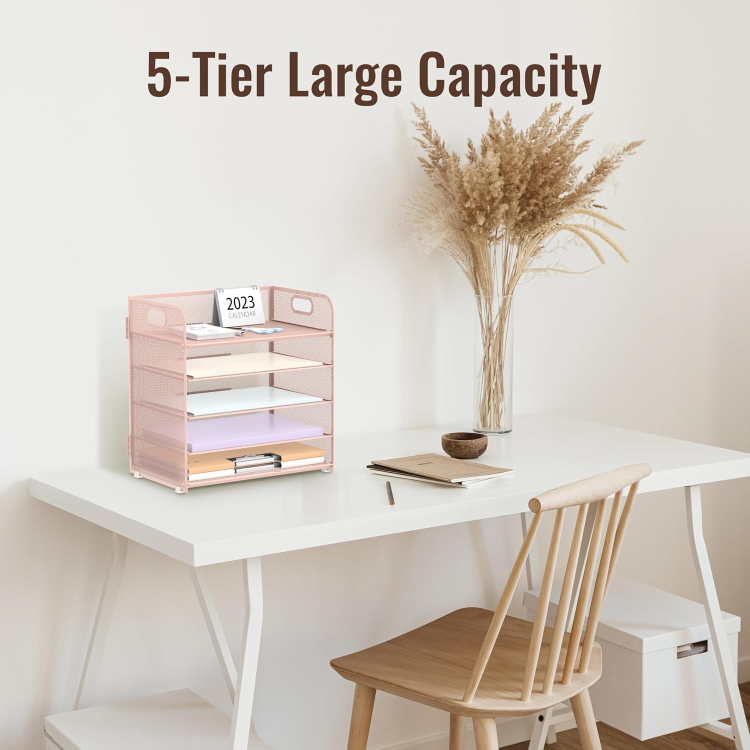 2 Pack 5-Tier Pink Desk Organizer with Handle Mesh Desk File/Paper Organizer Letter Tray for Office, School, Classroom