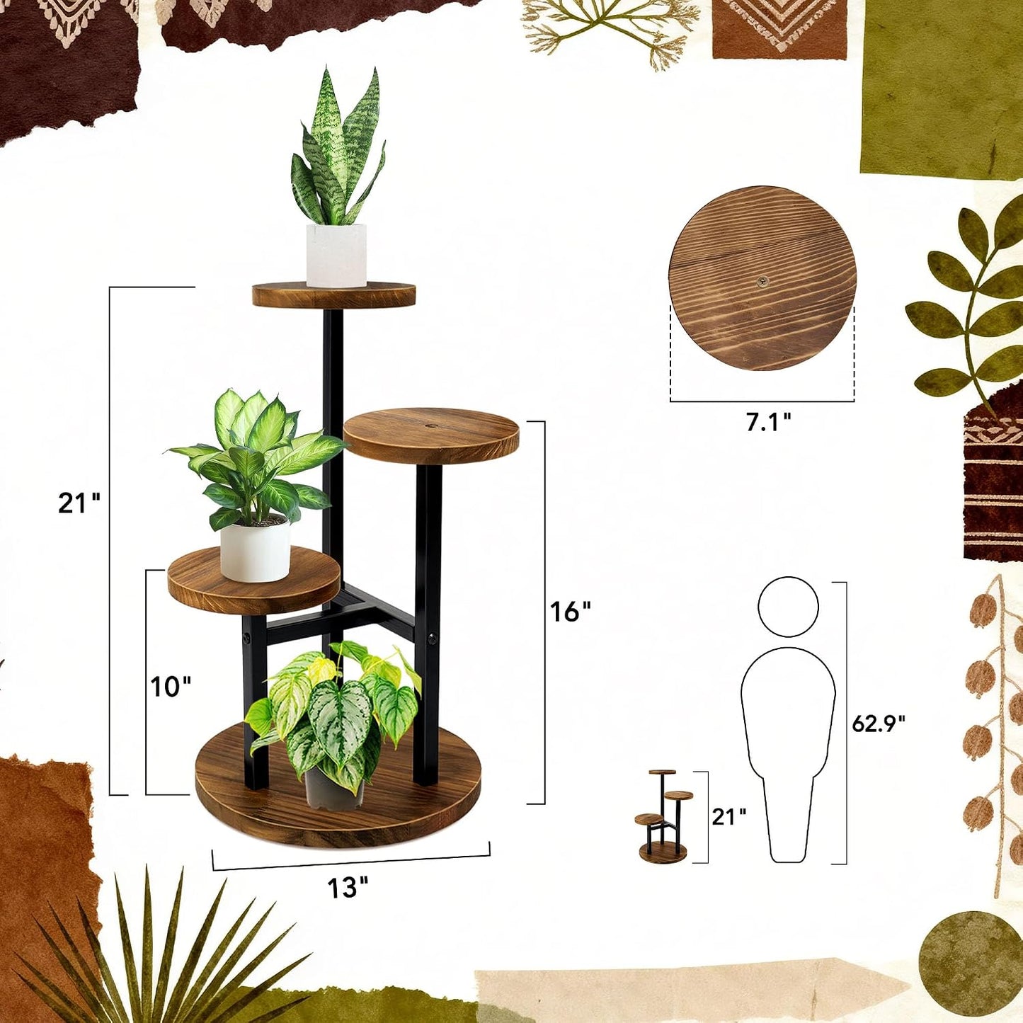 3 Tier Plant Stand Indoor | Metal Wood Plant Stands For Indoor Plants Multiple, Corner Tiered Flower Plants Shelf Stand