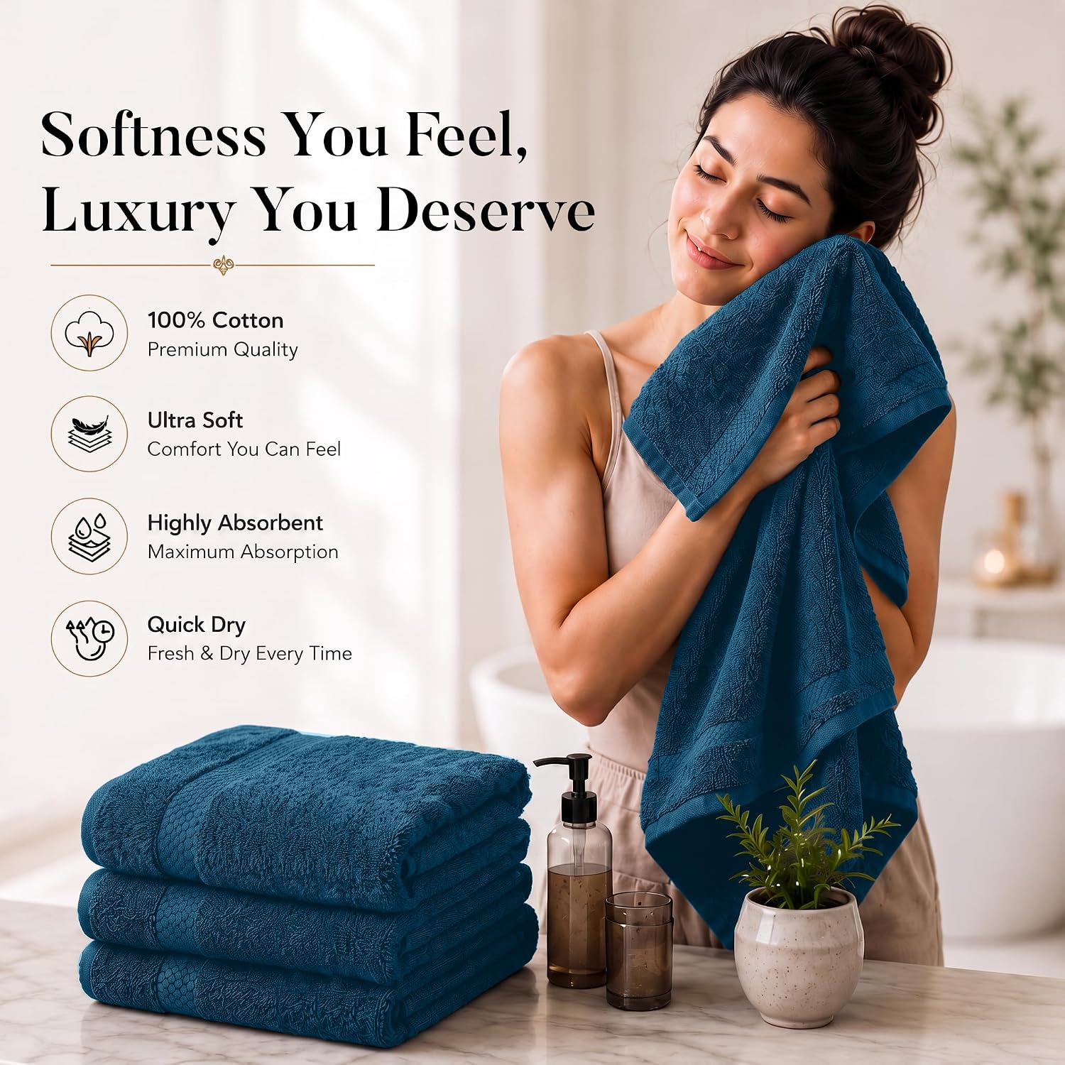 DAN RIVER 600 GSM Cotton Large Bath Towels Set of 4, 27 x 54 Inches, Blue | Larger & Lighter Weight Towels for Bathroom