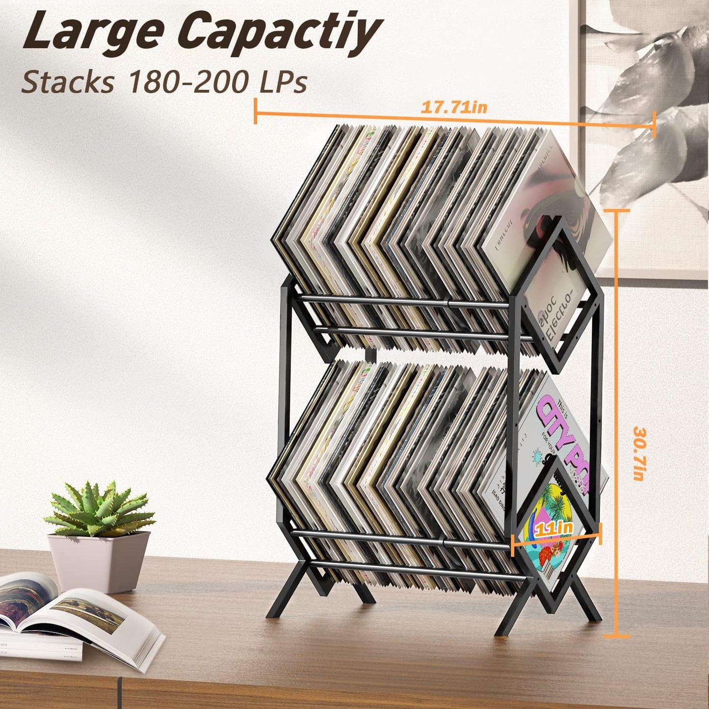 RUILALIFE 2-Tier-Vinyl-Record-Storage-Holder With Dividers, 200 LPs Albums Storage Rack Shelf, Steel Music Records