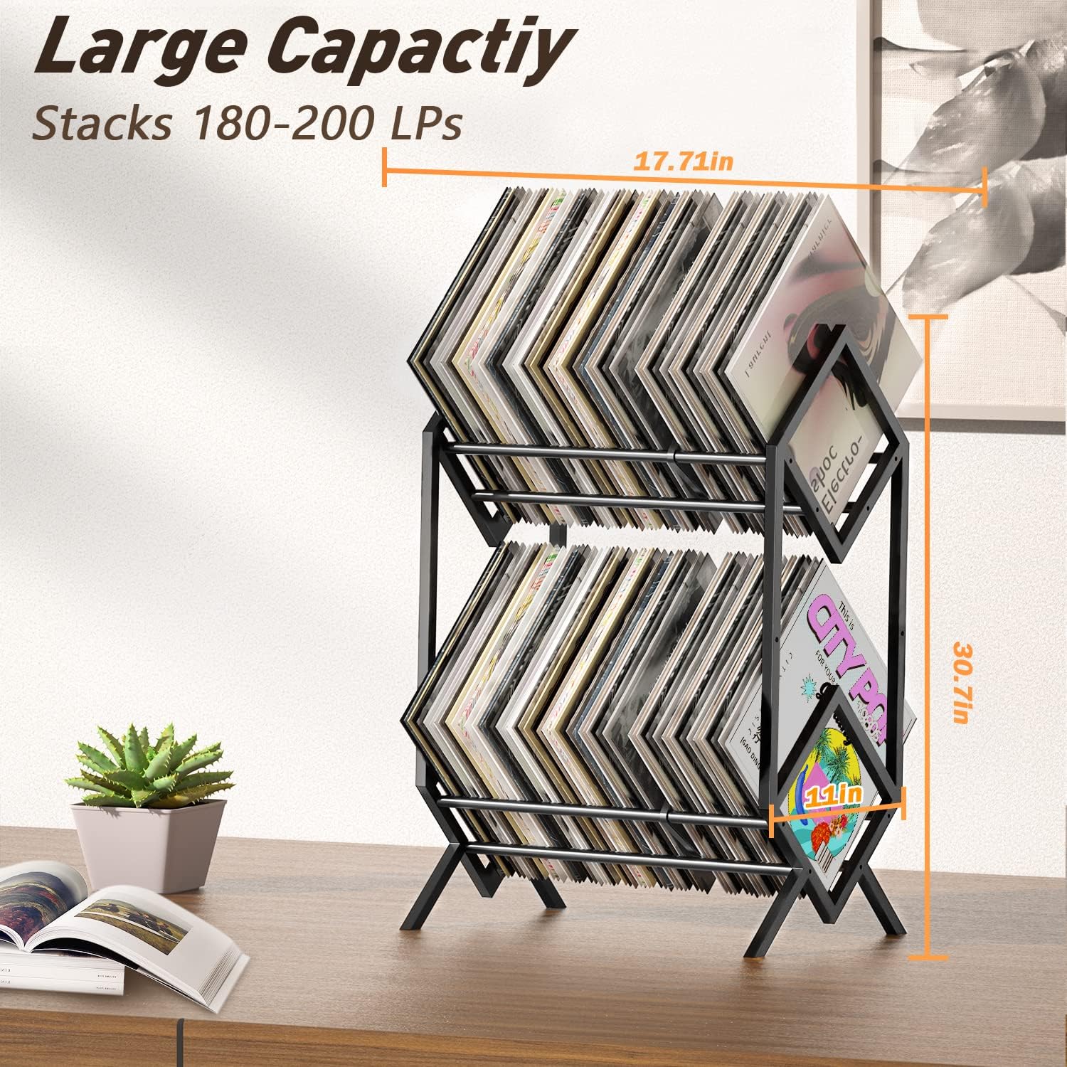 RUILALIFE 2-Tier-Vinyl-Record-Storage-Holder With Dividers, 200 LPs Albums Storage Rack Shelf, Steel Music Records