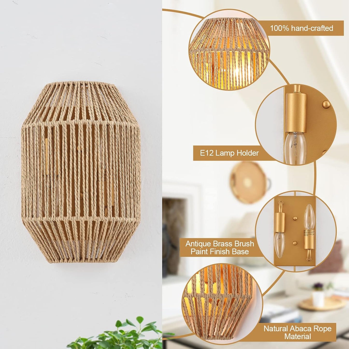 Boho Woven Wicker Shade Antique Brass Brush Paint Finish / Hardwired Type 1 / Natural / Set of 2