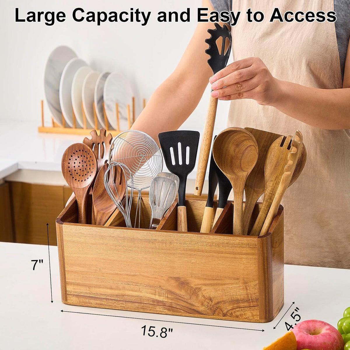 Wooden Utensil Holder for Kitchen Counter, Acacia Wood Kitchen Utensil Holder for Countertop with 4 Compartment