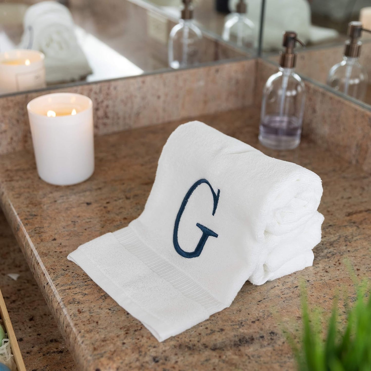 White with Navy Monogrammed Hand Towels for Bathroom - Set of 2 Letter G | Luxury Hotel Quality Initial Towels For