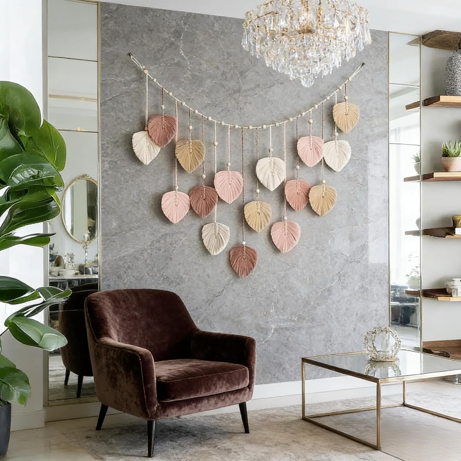 Macrame Leaves Wall Hanging Large Chic Feather Boho Macrame Wall / Pink - 47.3*29.5in / 47.3 x 29.5