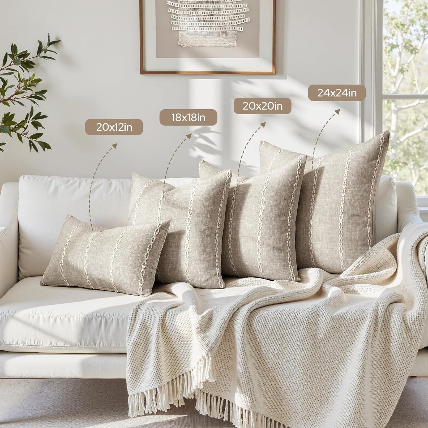 Tan Farmhouse Pillow Covers / Tan Stripe / 18 x 18 / Set of 2