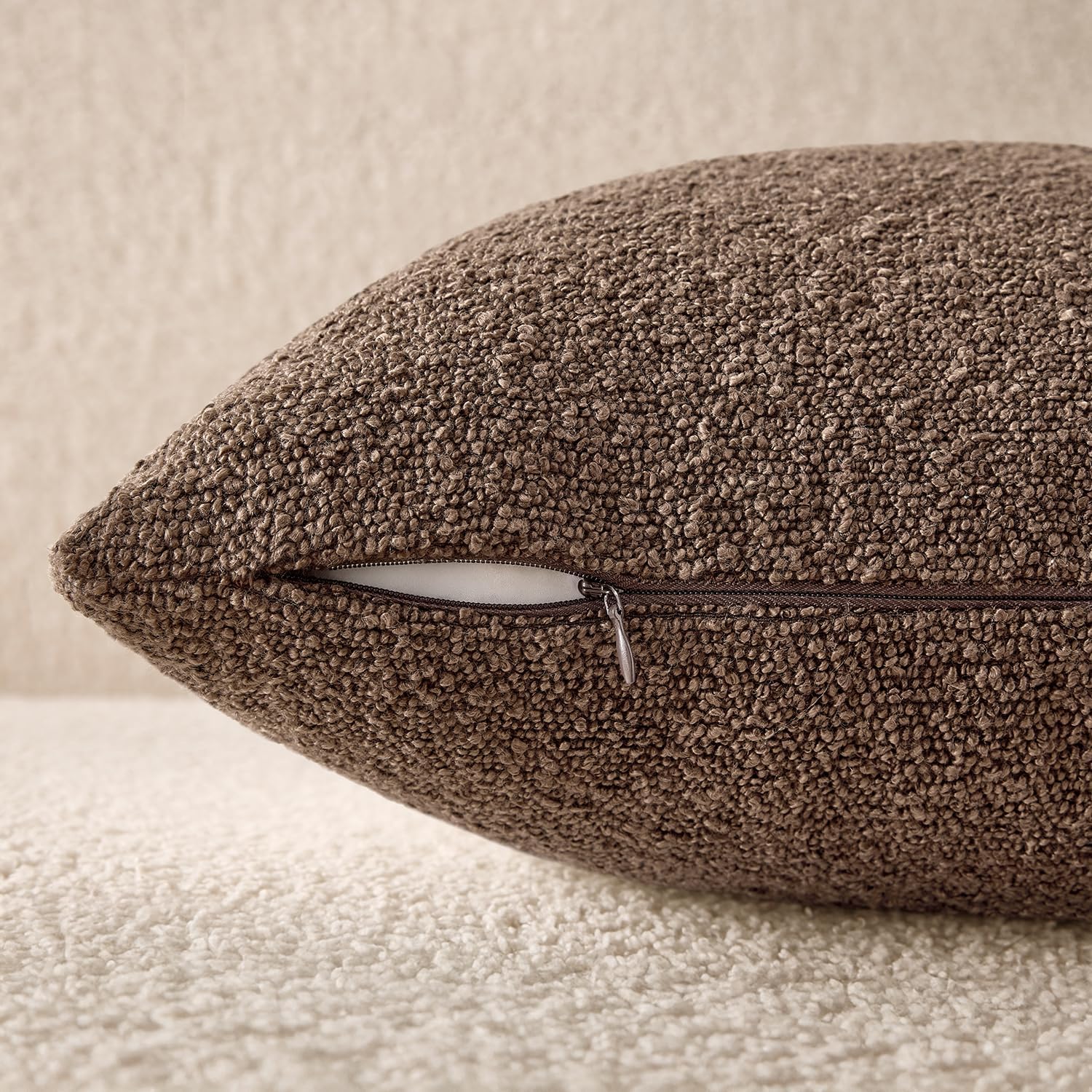 Textured Boucle Throw Pillow Covers Soft Accent Solid Cushion / Dark Coffee / 18 x 18 / Set of 2