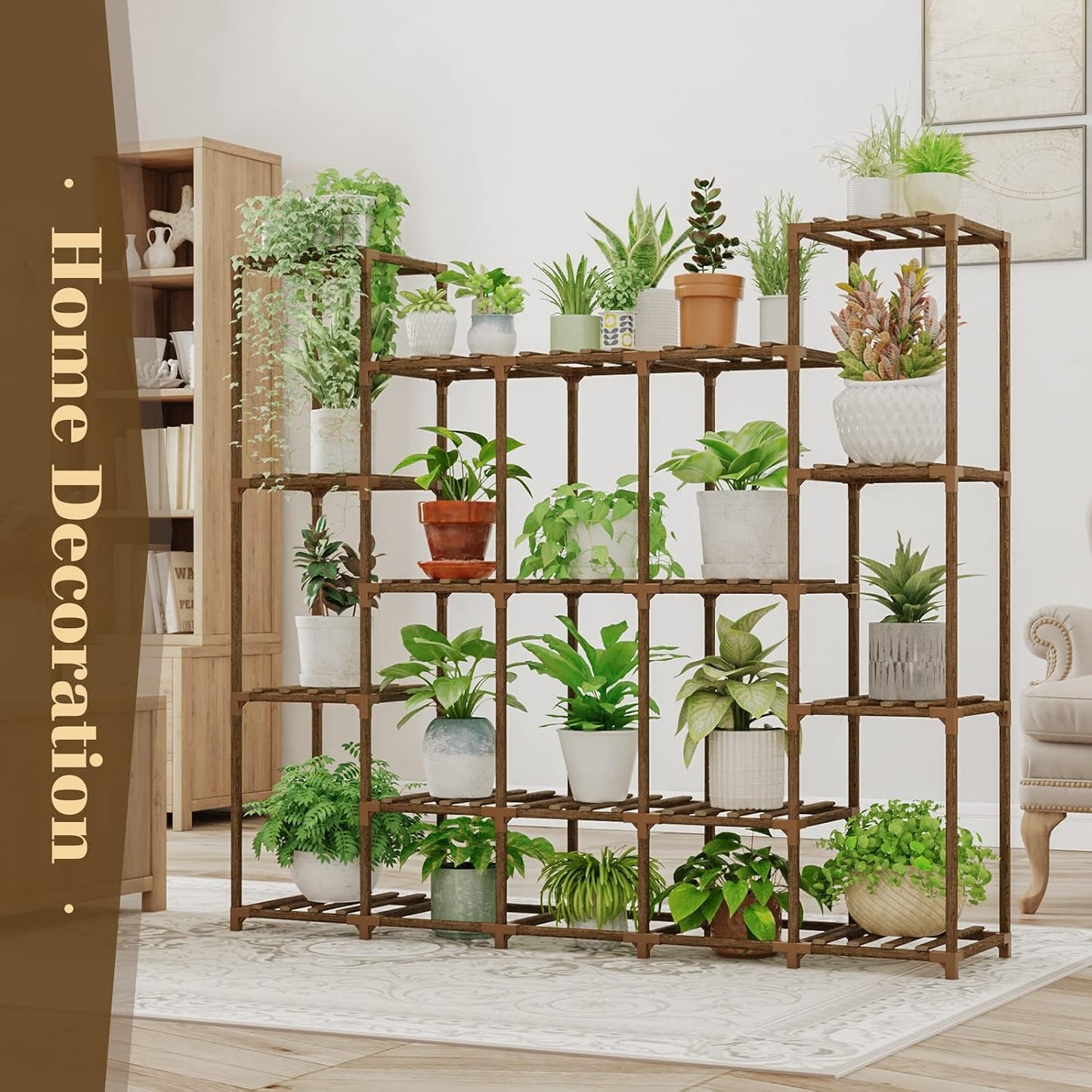 Bamworld Large Plant Shelf Indoor Plant Shelf Outdoor Tall Wood Plant Holder for Living Room Multiple Plants Patio