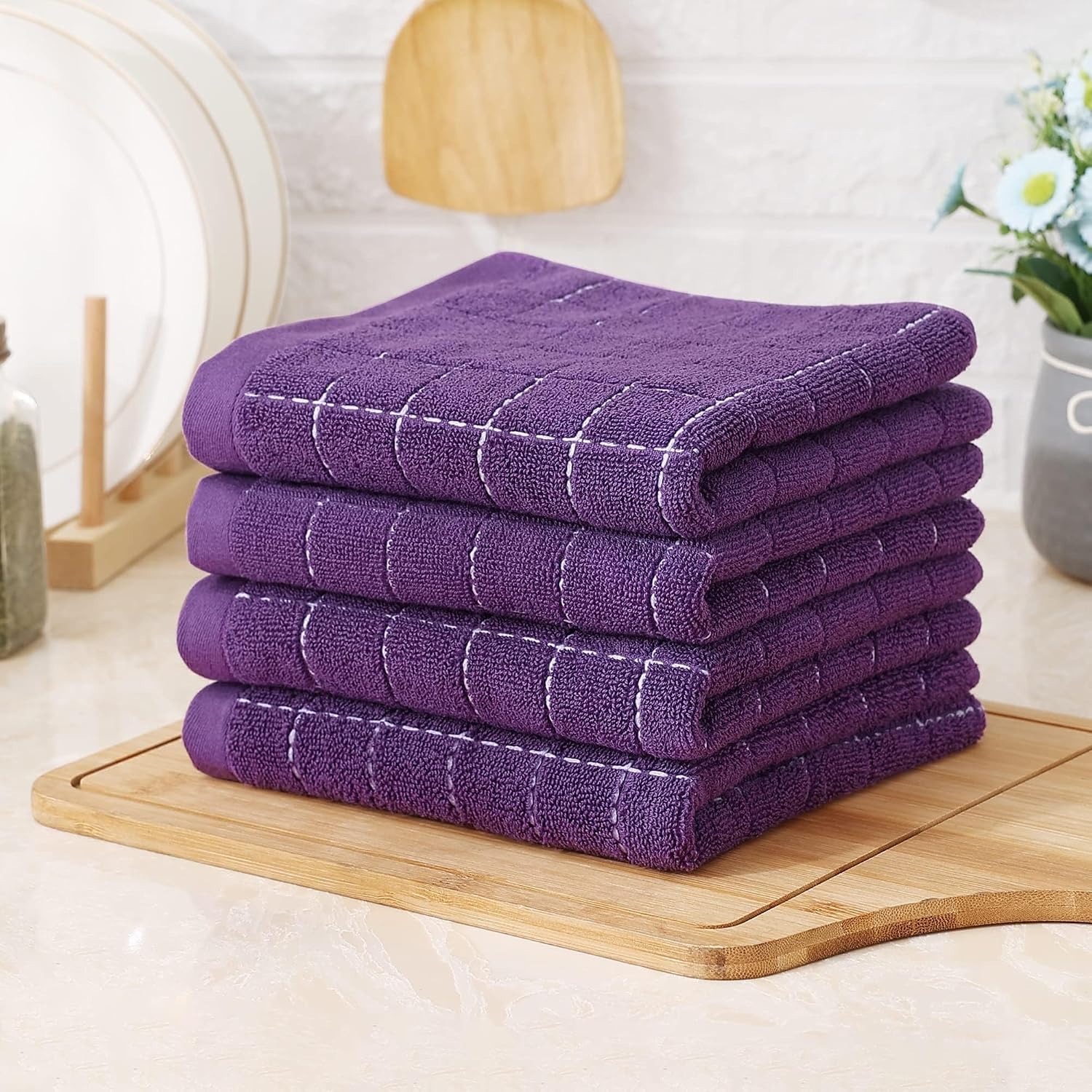 Homaxy 100% Cotton Terry Kitchen Towels, 6 Pack, Purple | Ultra Soft and Absorbent Dish Towels for Kitchen, Suitable
