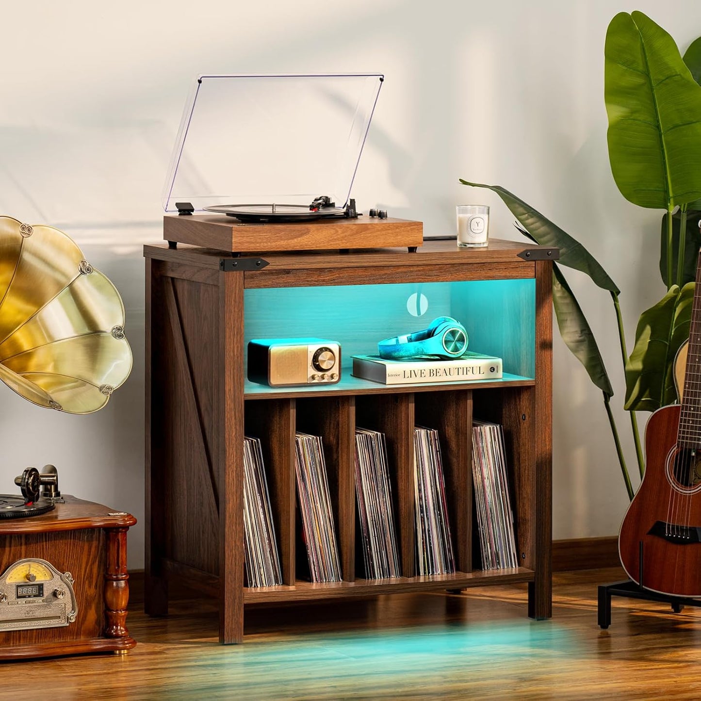 Joaxswe Large Record Player Stand with Charging Station & LED Lights, Vinyl Records Storage Holder Cabinet Holds up to