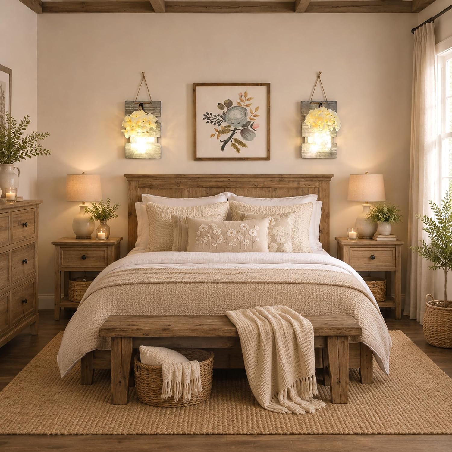 Farmhouse Wall Sconces / 11.8"H Grey + Hydrangea / Set of 2