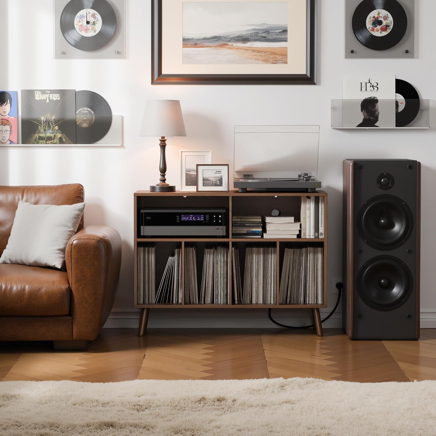 Record Player Stand with Vinyl Storage Cabinet, Wood Turntable Table Open Shelf Holder Up to 350 Albums Cube Storage