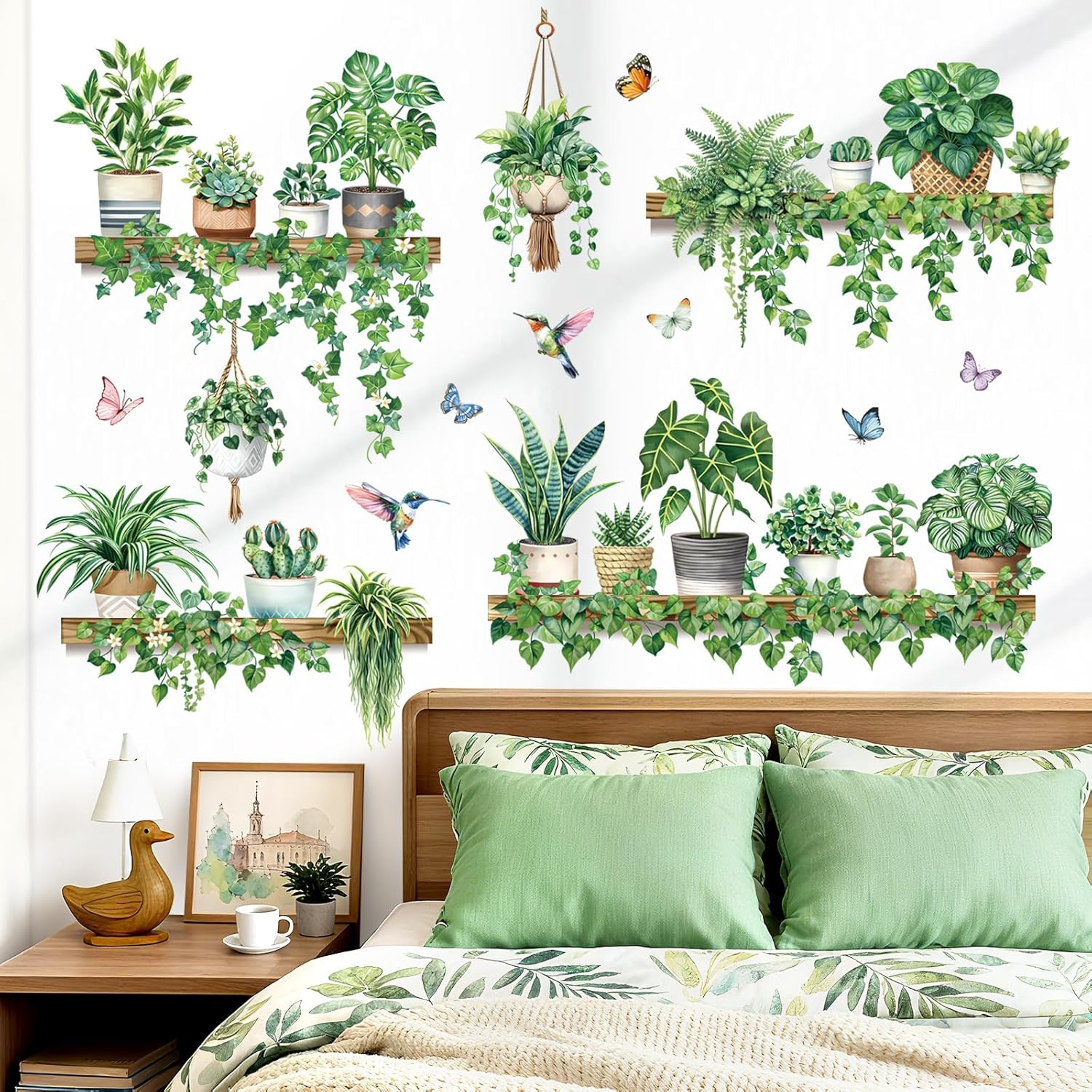 Pot Plants Wall Stickers Tropical Leaf Hanging Vines Leaves Bird Wall Decals Living Room Tv / Green