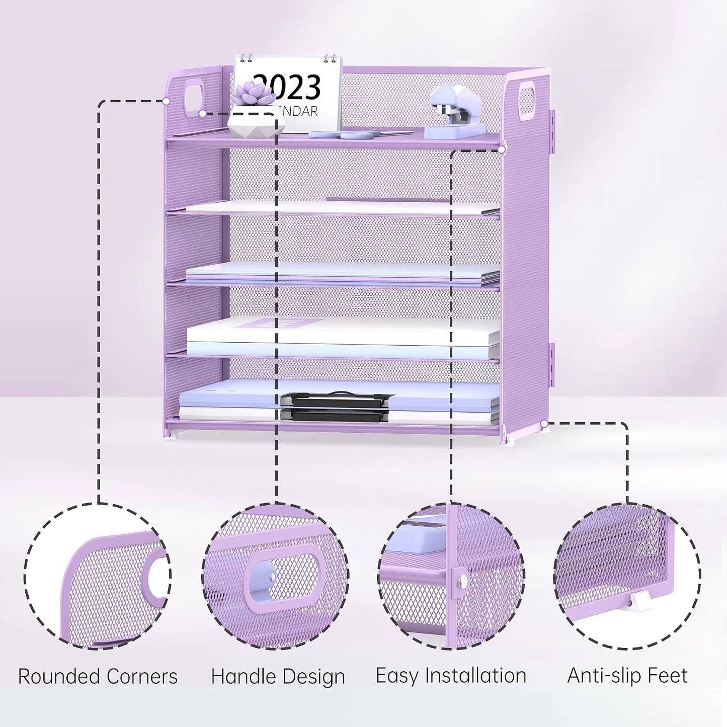2 Pack 5-Tier Purple Desk Organizer with Handle Mesh Desk File/Paper Organizer Letter Tray for Office, School and Home