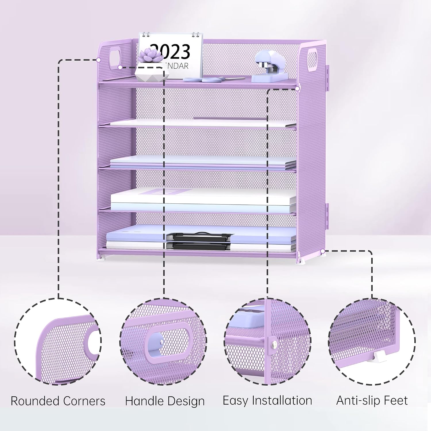 2 Pack 5-Tier Purple Desk Organizer with Handle Mesh Desk File/Paper Organizer Letter Tray for Office, School and Home
