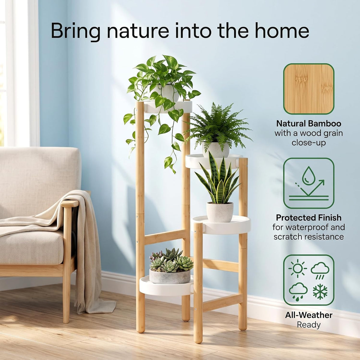 APRTAT 4-Tier Tall Bamboo Plant Stand for Indoor Plants | Natural Bamboo Waterproof Coating Enhanced Stability Easy
