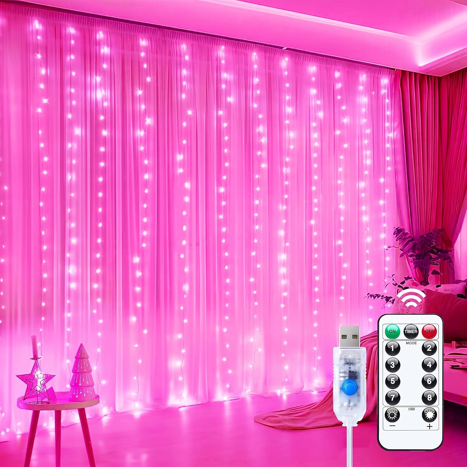 Minetom Curtain Lights, 300 LED Dimmable Twinkle Fairy Lights, 8 Modes
