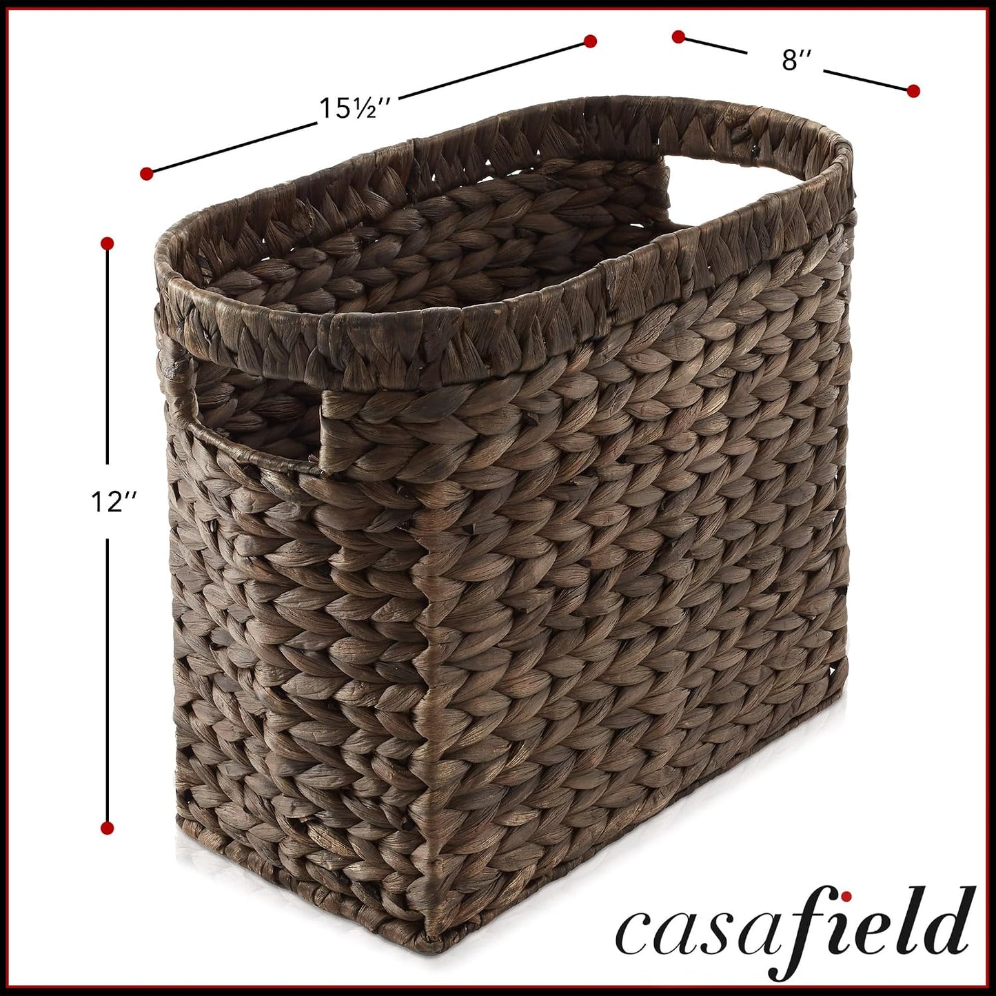 Casafield Woven Magazine Holder with Handles, Espresso Dark Brown - Water Hyacinth Storage Basket for Bathroom, Living