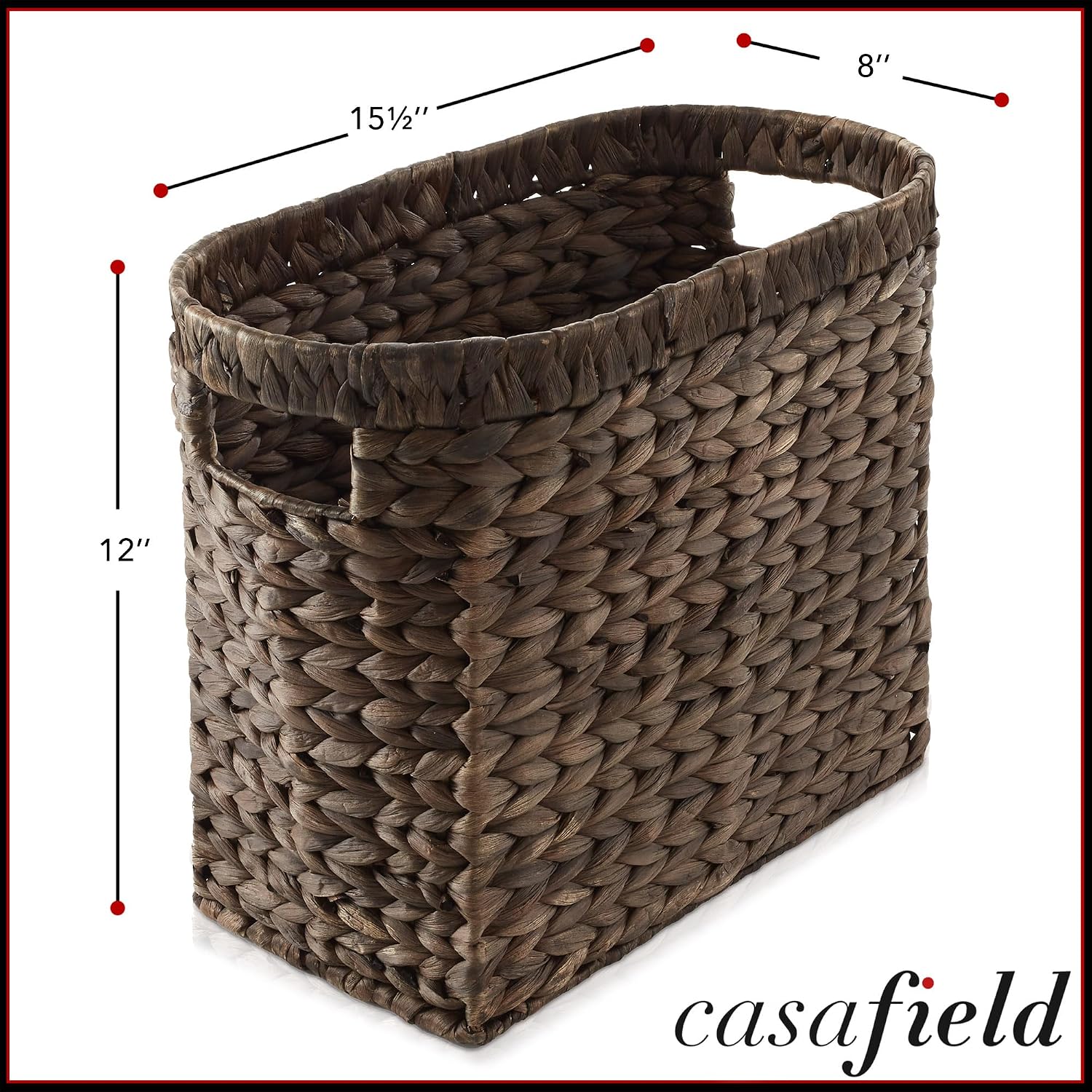 Casafield Woven Magazine Holder with Handles, Espresso Dark Brown - Water Hyacinth Storage Basket for Bathroom, Living