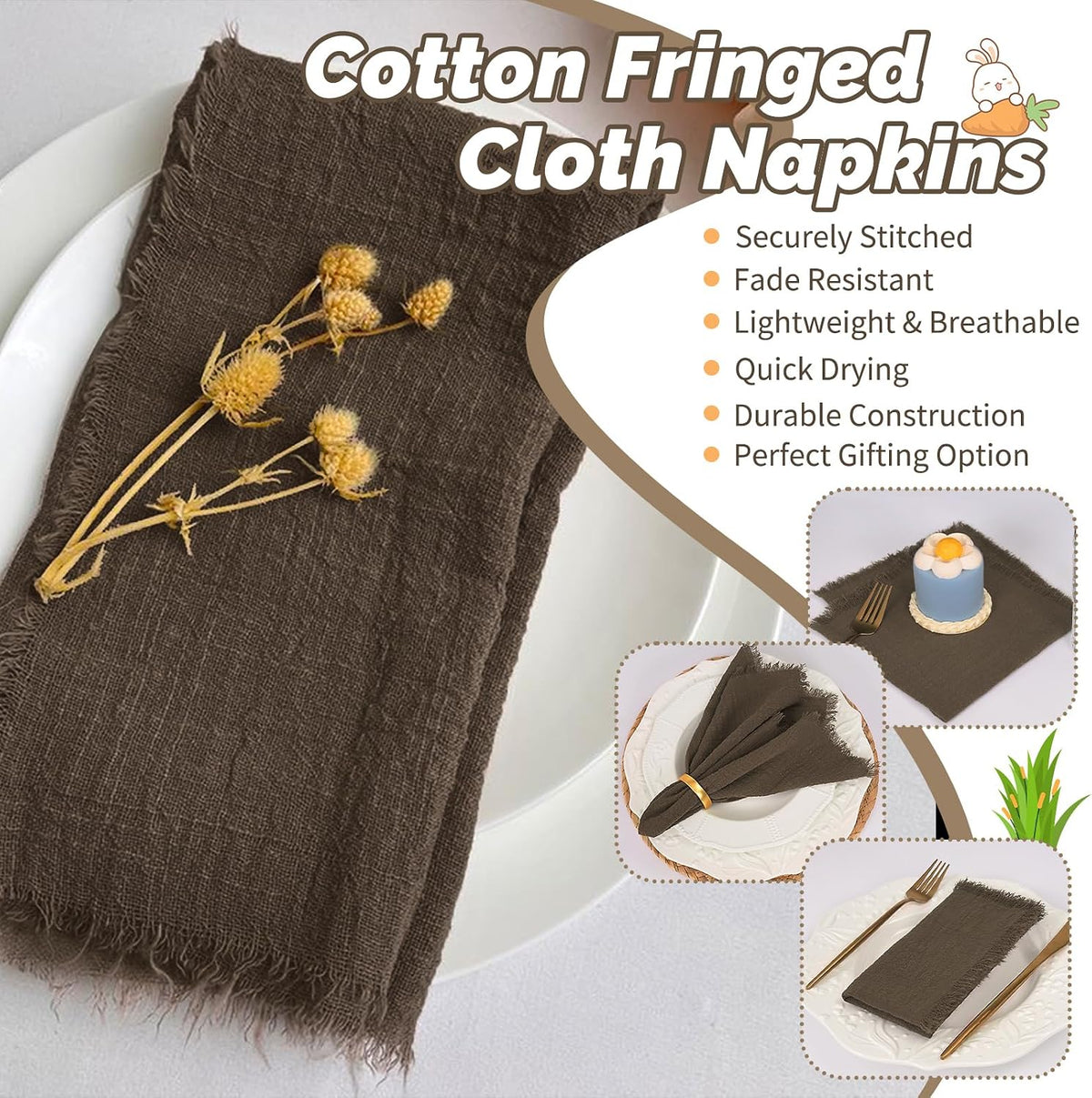 Showgeous 30 Pack Brown Cloth Napkins with Fringe, 16x16 inch 100% Cotton | Brown Napkins Handmade Dinner Napkins Bulk
