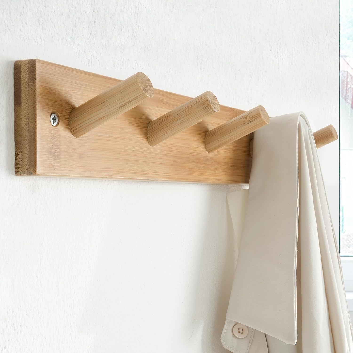 SKOLOO Coat Rack Wall Mount 17 inch, 5 Hooks, Bamboo, Shaker Style, Natural | Wooden hooks for wall, painted finish