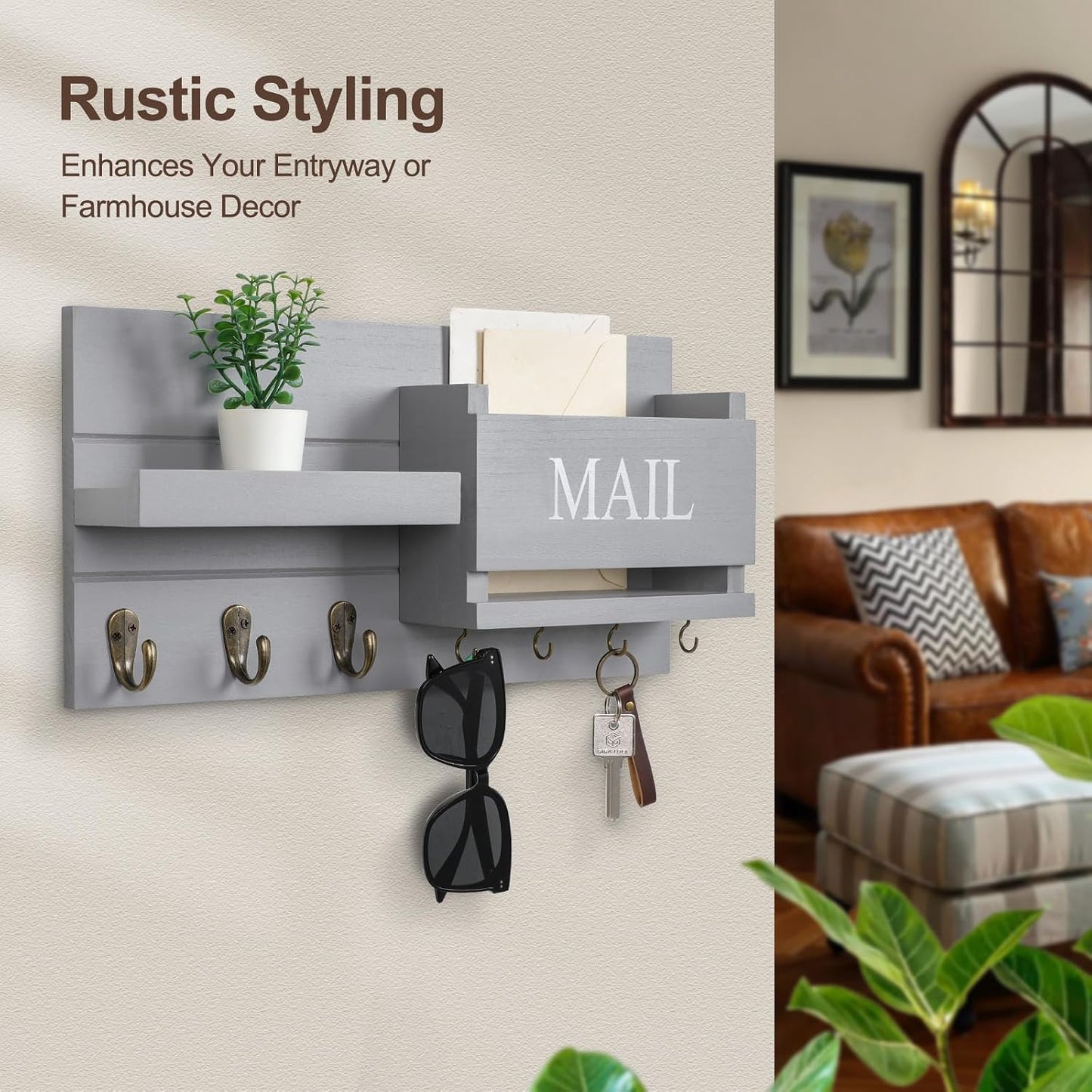 Shelf Includes Letter Holder and Hooks for Hallway Farmhouse / Gray