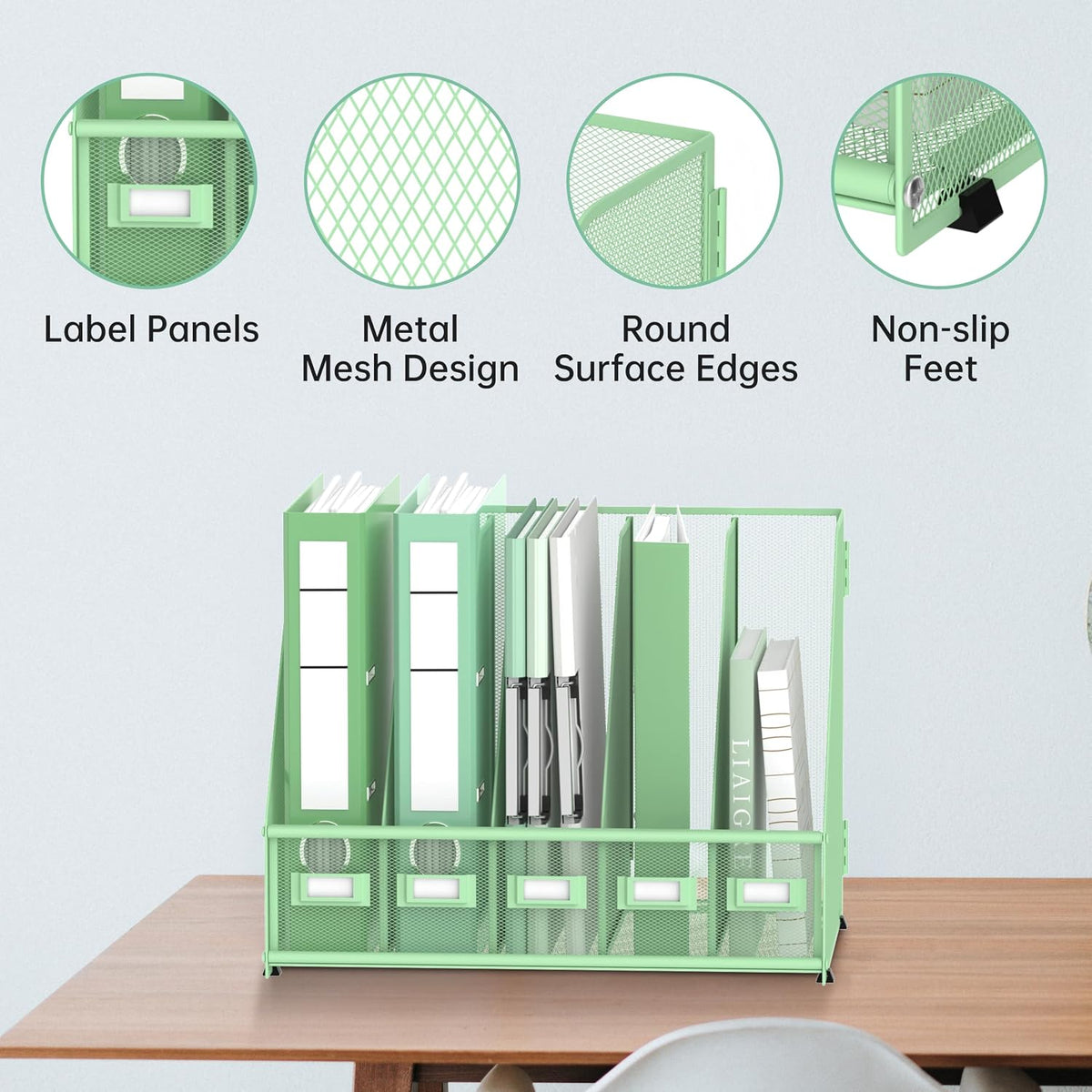 DALTACK 5-Slot Magazine File Holder, Metal Binder Holder, Mint Green | Iron Mesh Construction, Labeled Sections for