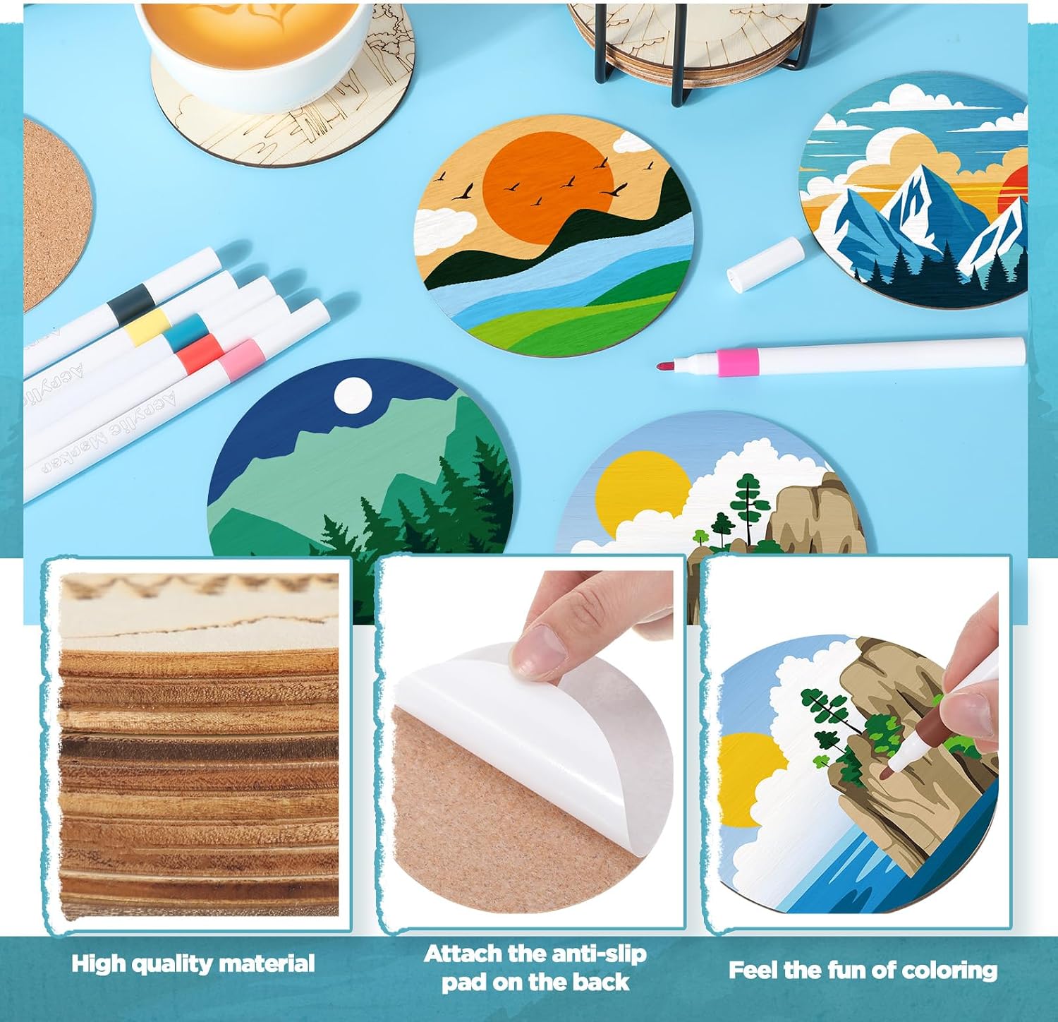 Wooden Coasters Painting Kit / Landscape / 4 Inch / Set of 45