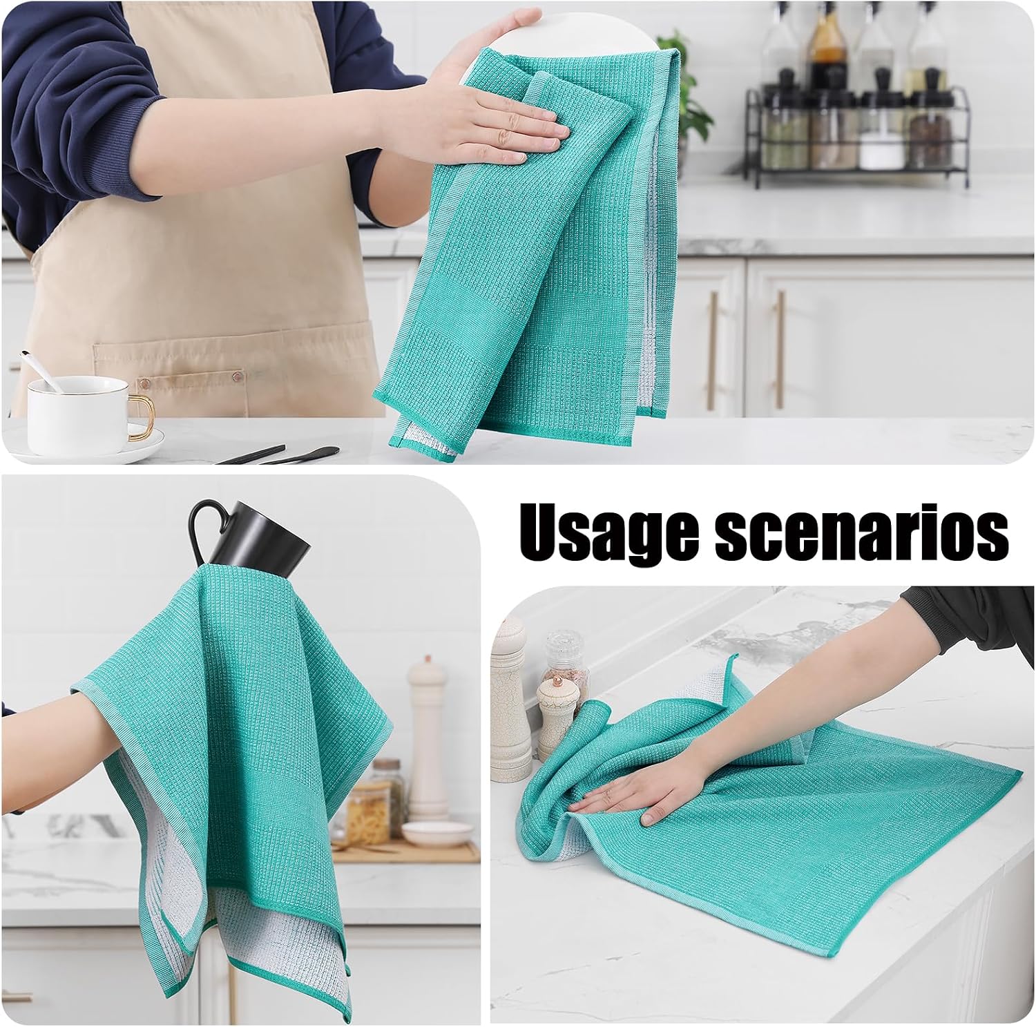Homaxy 380 GSM Cotton Premium Kitchen Towels 6 Pack, 18"x 28", Teal | Flat and Terry Dish Towels, Highly Absorbent Tea