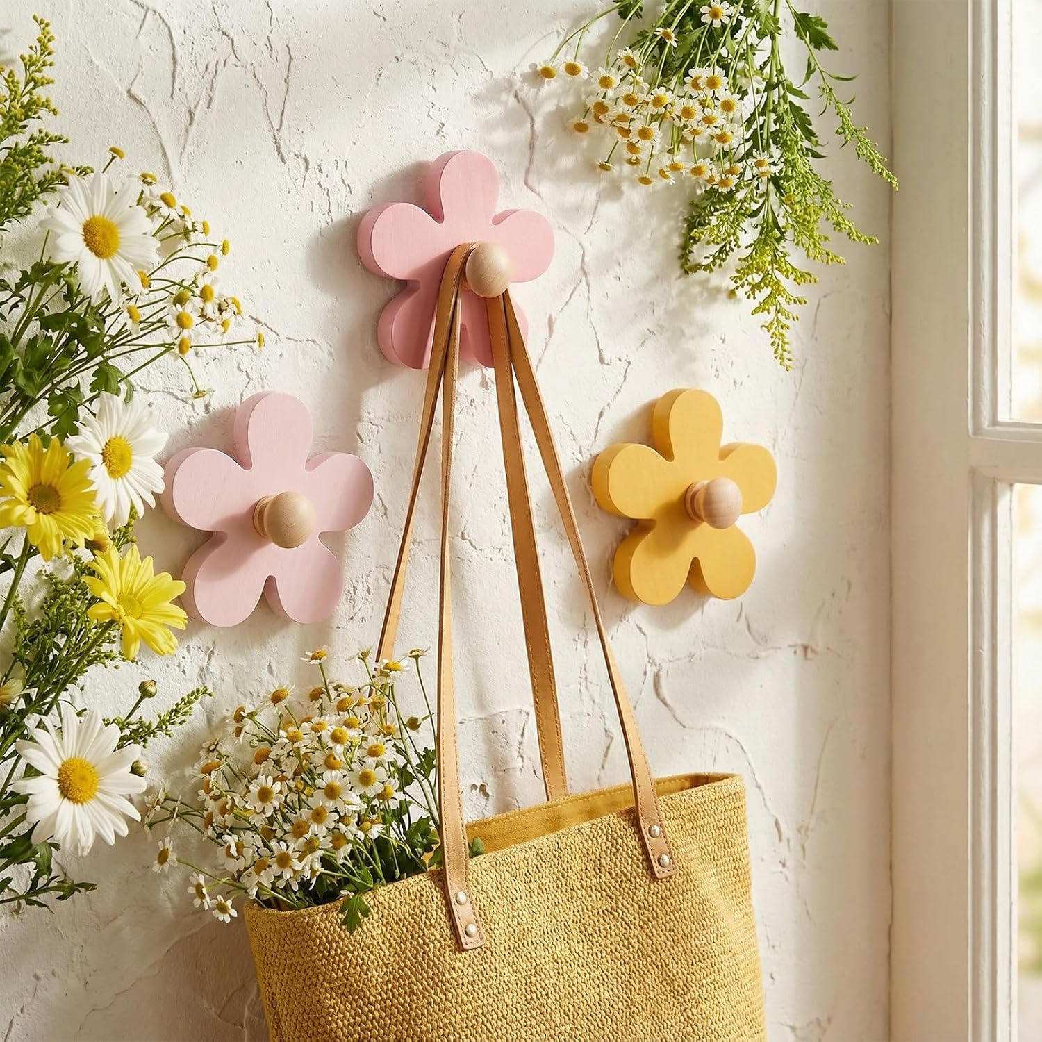 Pcs Daisy Wall Hooks Wood Flower Towel Hooks Flower Decorative / Yellow, Pink, Purple / Set of 3