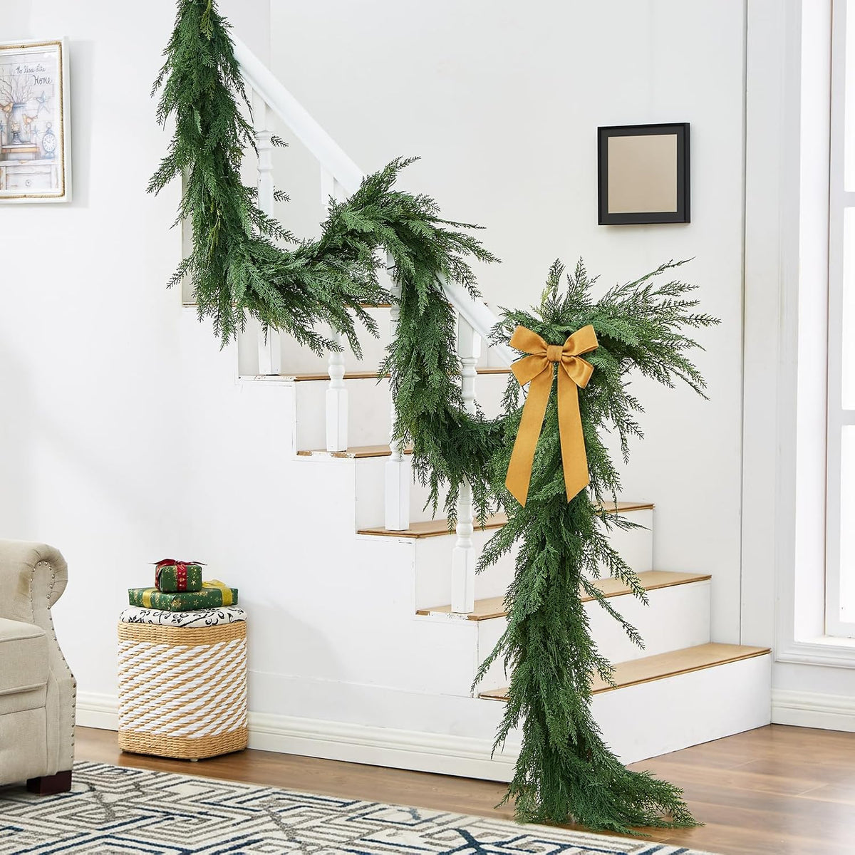 Christmas Cedar Garland Realistic with Lights - Cypress Decorations 12ft for Mantle Lighted Faux Pine Garlands for Xmas