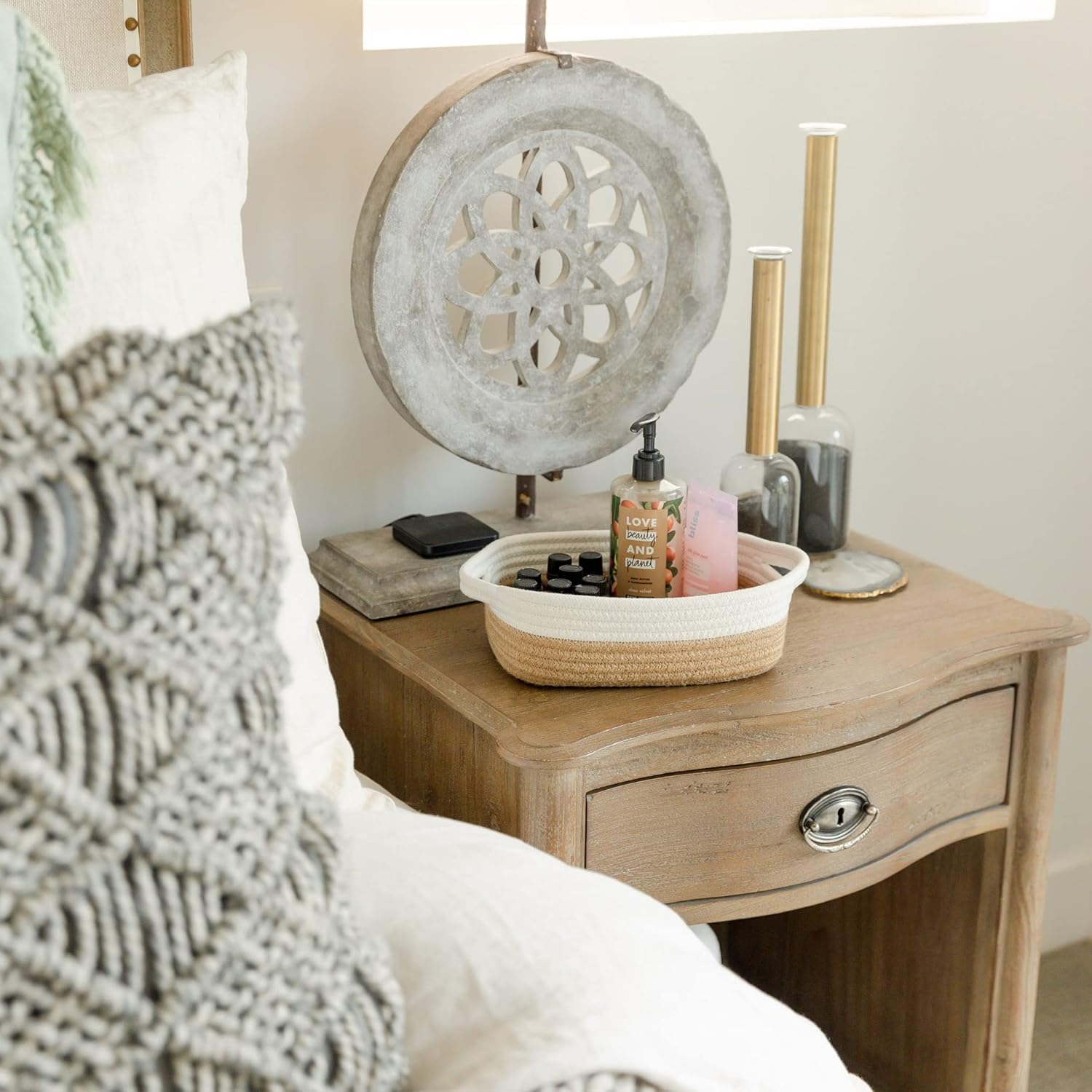 5-Piece Rectangle Storage Basket Set- Natural Cotton Rope Woven Baskets / Off White & Jute