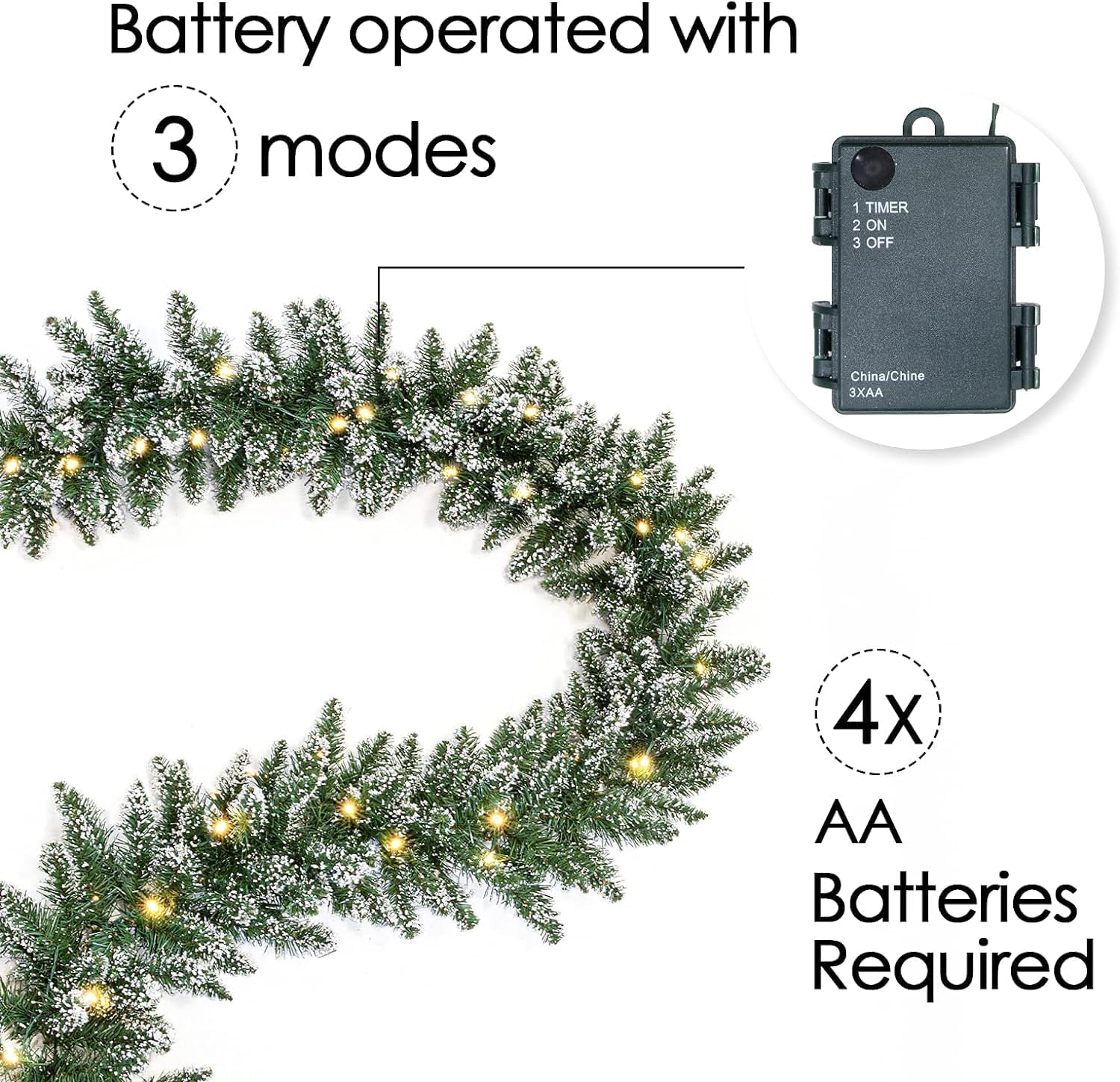 WBHome Pre-lit 9 Feet/106 Inch Christmas Garland with 100 LED Lights Holiday Decorations, Battery Operated (Batteries