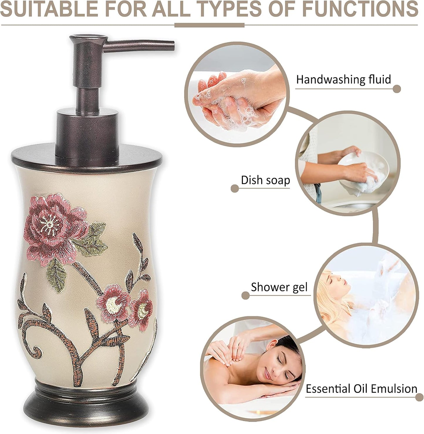 Zahari Home 4pc Larrisa Floral Bathroom Accessories Sets Modern Classic Flower Soap Dispenser, Tumbler, Tooth Brush