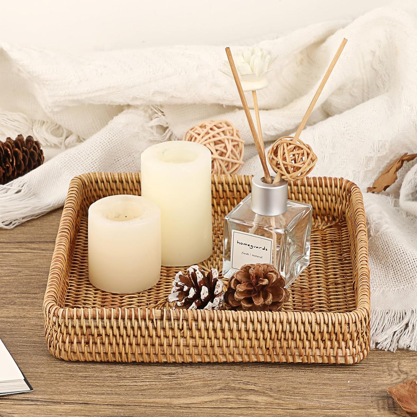 Key Basket Tray for Entryway Table Rattan Serving Tray Handwoven / 8.1 x 8.1 x 1.4 / Natural Color