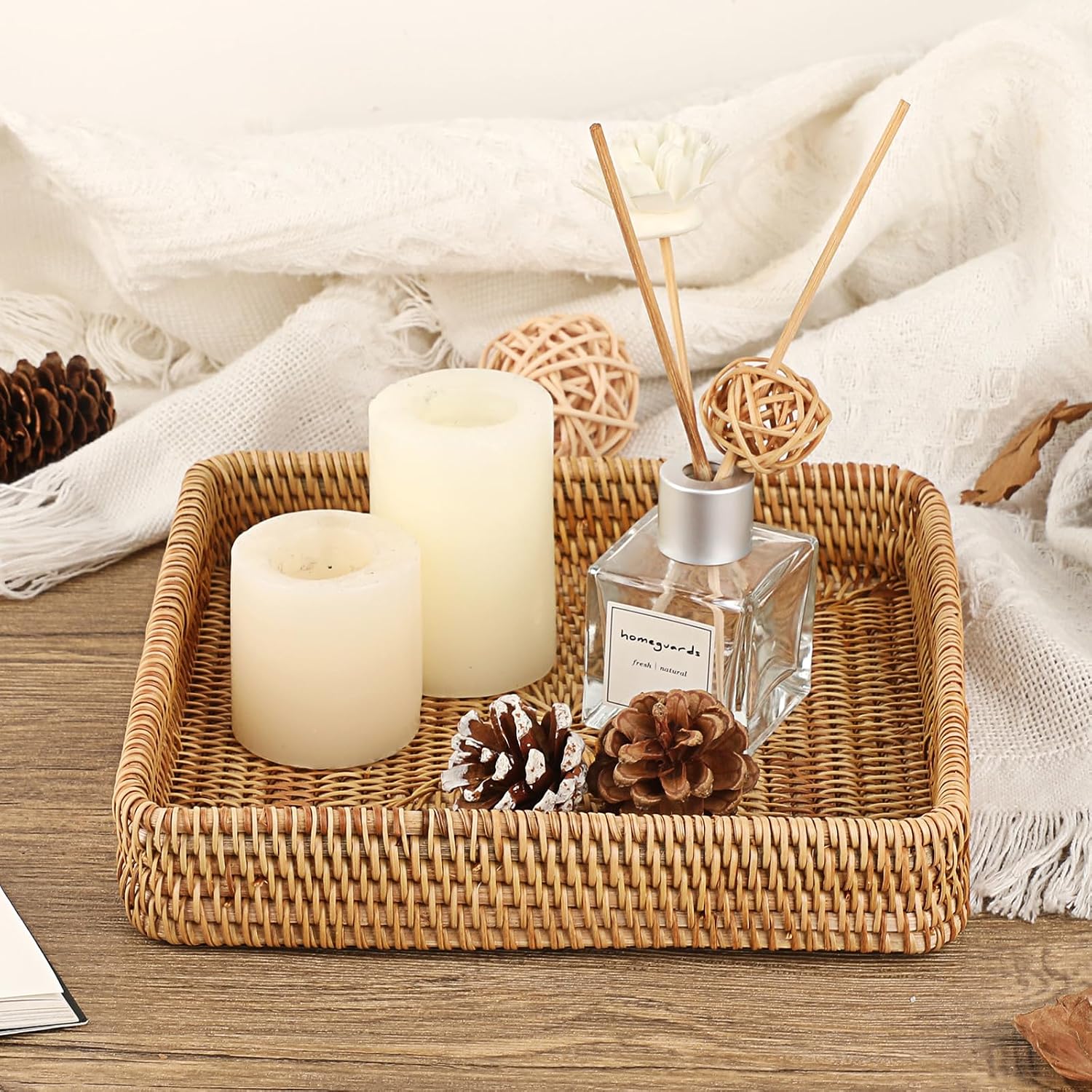 Key Basket Tray for Entryway Table Rattan Serving Tray Handwoven / 8.1 x 8.1 x 1.4 / Natural Color