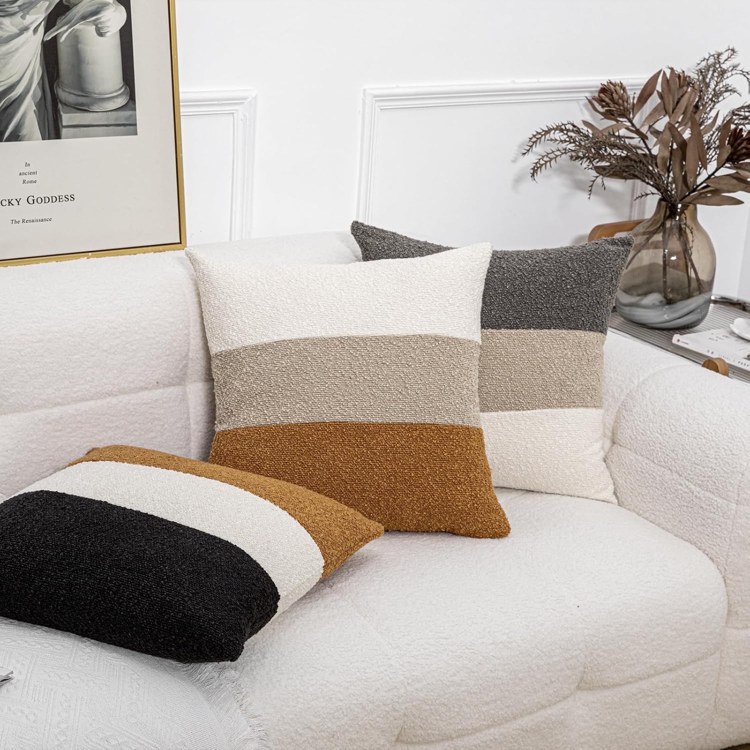 Decorative Textured Boucle Pillow Covers Modern / 18 x 18 / Cream/khaki/orange Brown / Set of 2