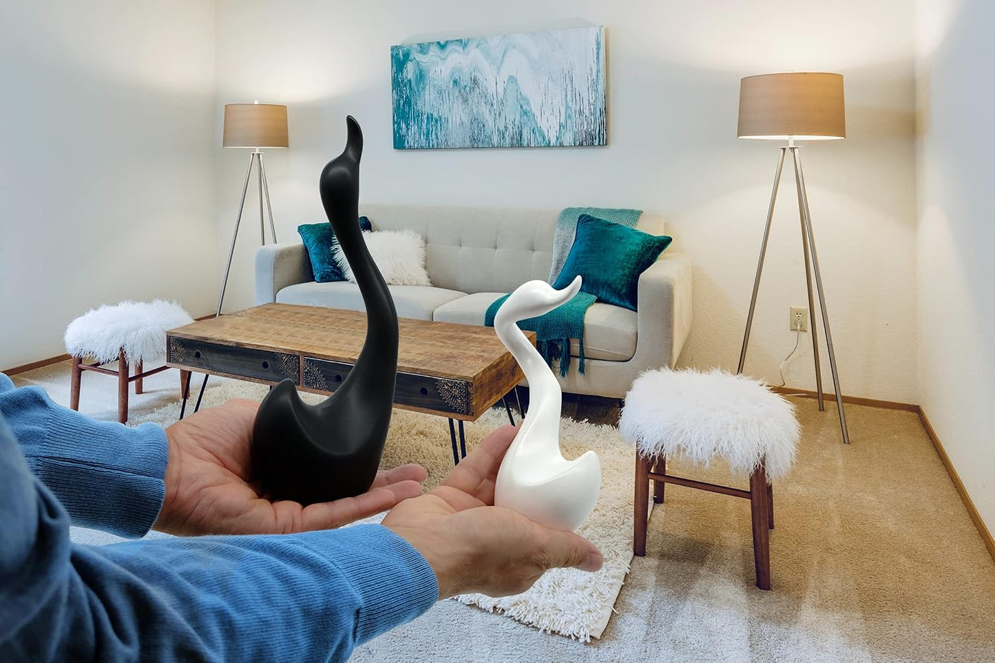 Decorative Figure swan Pair 9" high as Handmade Ceramic Sculpture Set / Black