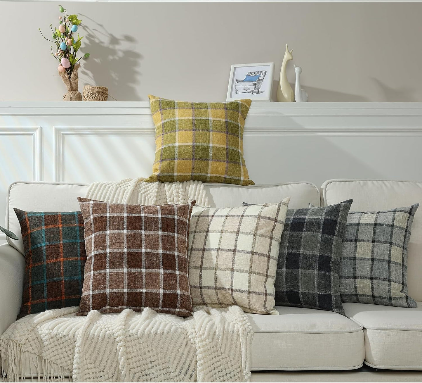 Farmhouse Plaid Decorative Cushion Covers / 18 x 18 / Check-blue Orange / Set of 2