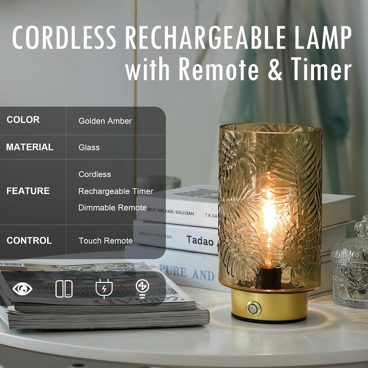 ULAROOM Cordless Lamps Rechargeable Battery Operated lamp,Glass Table Lamp Remote Control-Dimmable Brightness Touch