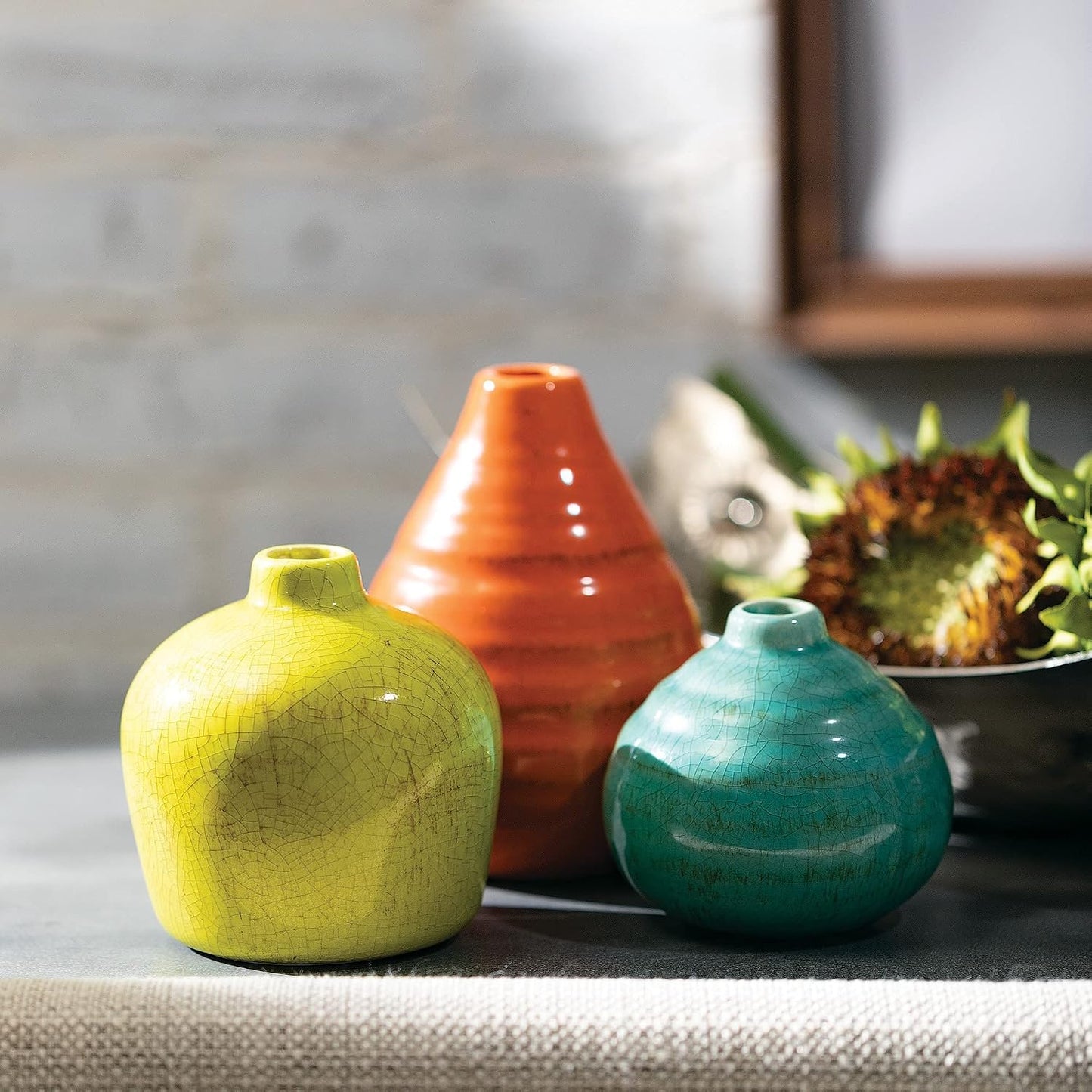 Ceramic Vase Set- 3 Small Vases / Aqua, Orange, Green / Set of 3