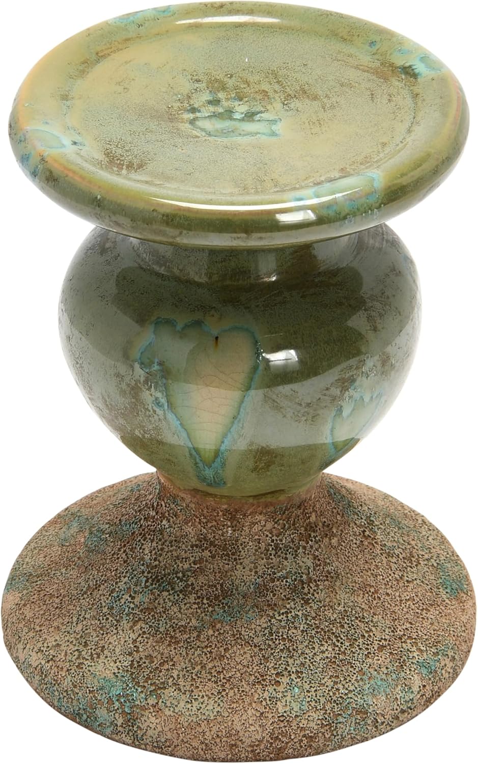 2-Tone Sculptural Terracotta Pillar Candle Holder / 5.5" W x 6.5" H / Green