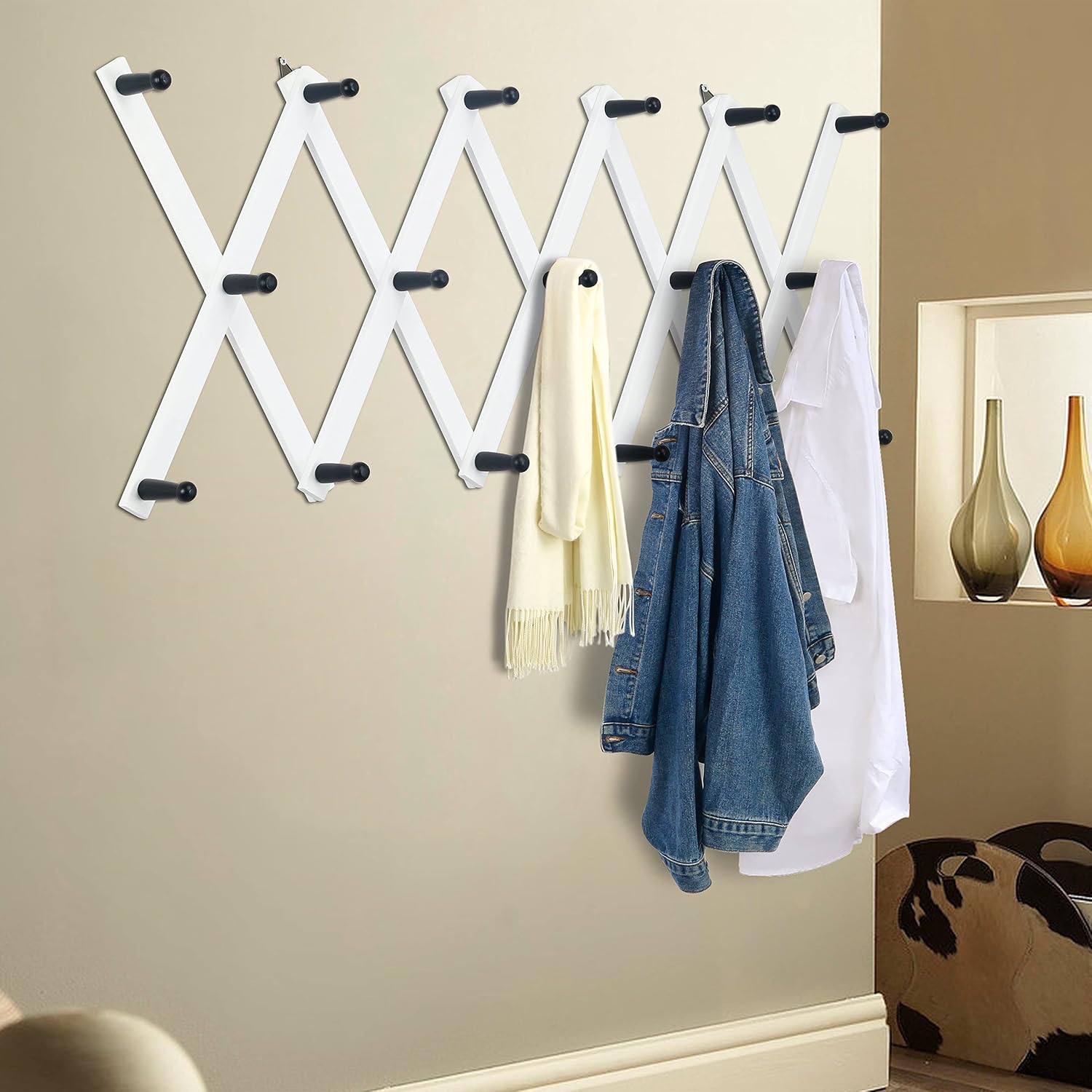 Accordian Wall Hanger: 16” High Wooden Wall Expandable Coat Rack, Hat Rack Holder, Accordion Hook for Baseball Caps