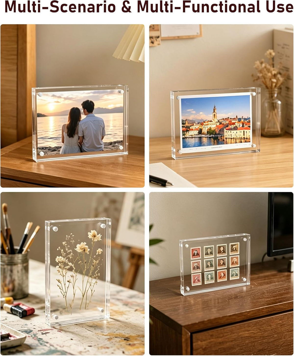 Picture Frame, 3 Pack 4x6 Solid, 20mm Thick Magnetic Acrylic Desktop | Double-Sided View, Tool-Free Photo Swaps, UV